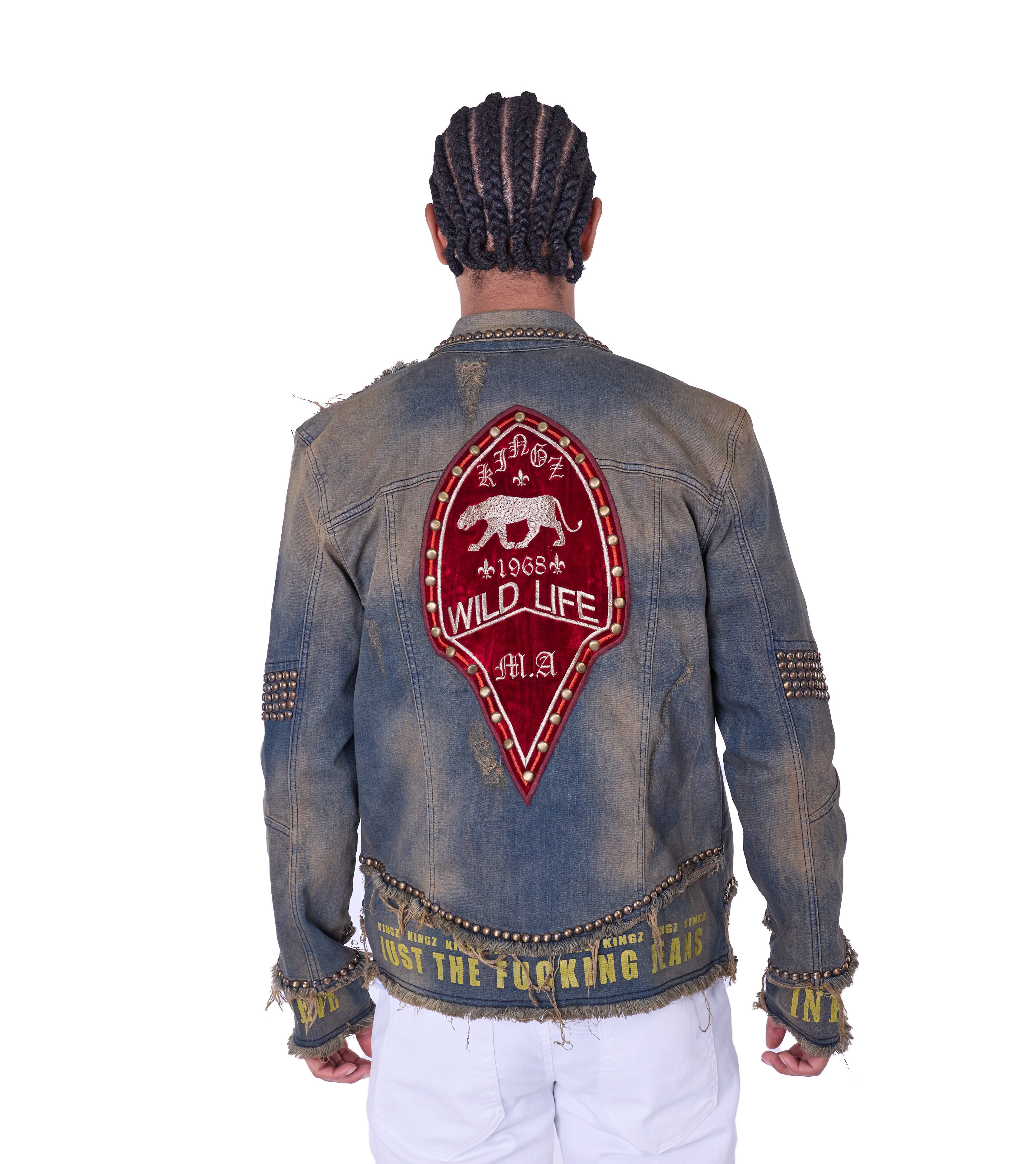 KINGZ Jeansjacke Designer Nieten Jeansjacke im Retrostyle Vintage Style