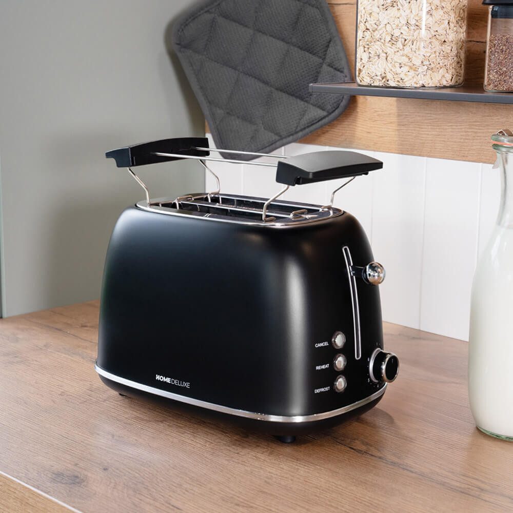 HOME DELUXE Toaster MAJESTIC - Matt Schwarz, 2 kurze Schlitze, für 2 Scheiben, 815 W, entnehmbarer Brötchenaufsatz, Retro Toaster – Bild 3 von 5