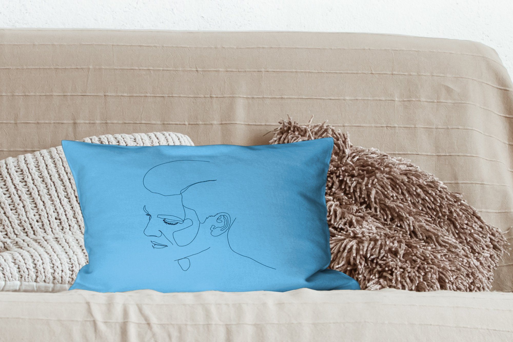 Füllung, Gesicht Dekokissen Wohzimmer Schlafzimmer Dekokissen mit Blau, Strichzeichnung - MuchoWow Dekoration, Zierkissen, -