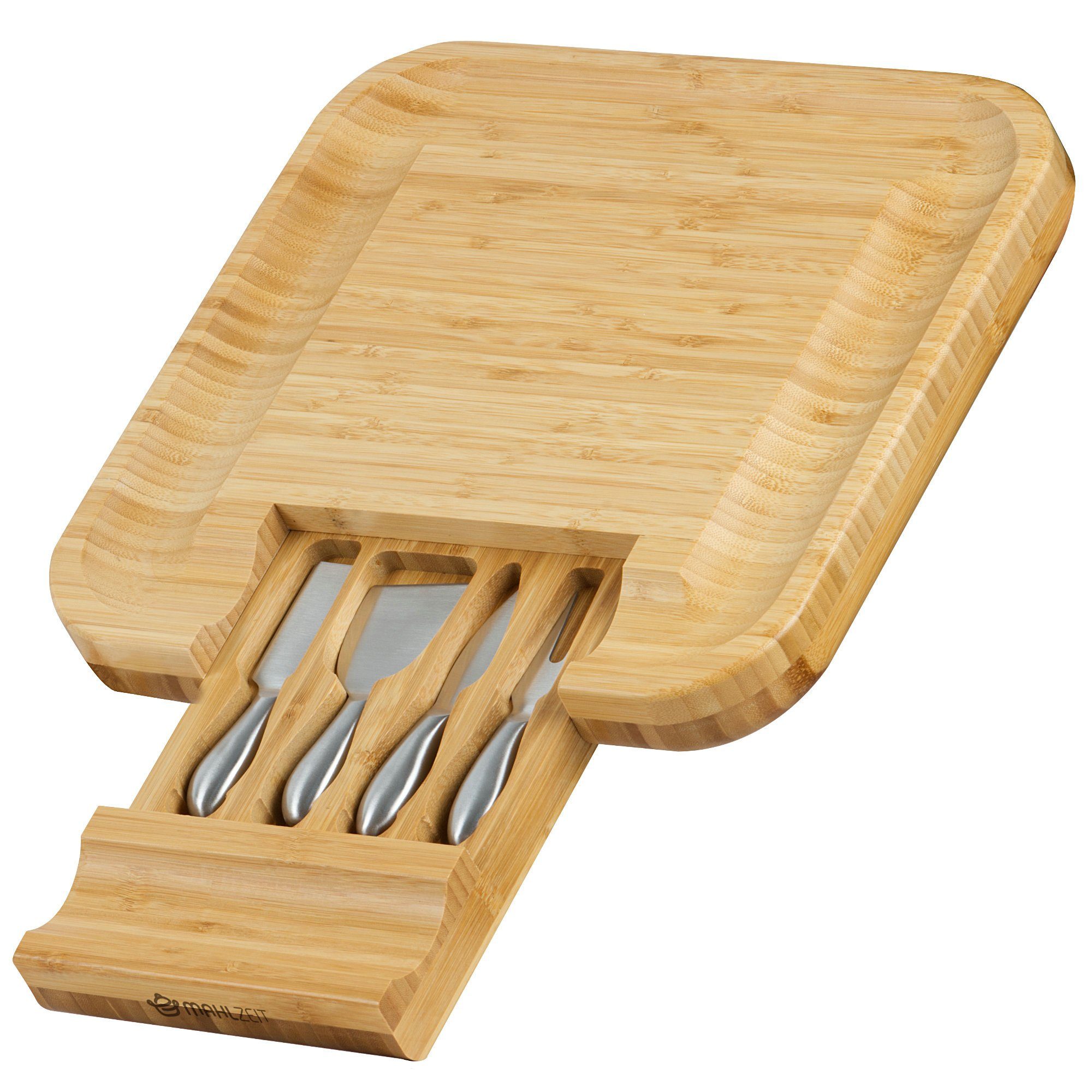 Mahlzeit Käsebrett Bambus Käsebrett mit Käsemesser, 36 x 34 x 5 cm,  Käseplatte Holz, Bambus, (Set), inkl. 4x Käsemesser aus Edelstahl