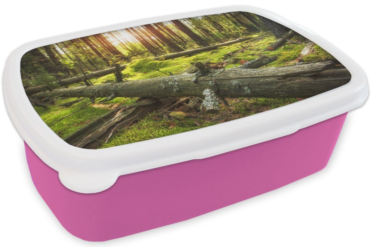 Brotdose Kunststoff, Moos, Snackbox, (2-tlg), Mädchen, MuchoWow rosa Kunststoff Kinder, Lunchbox Wald Baum Brotbox für - - Erwachsene,