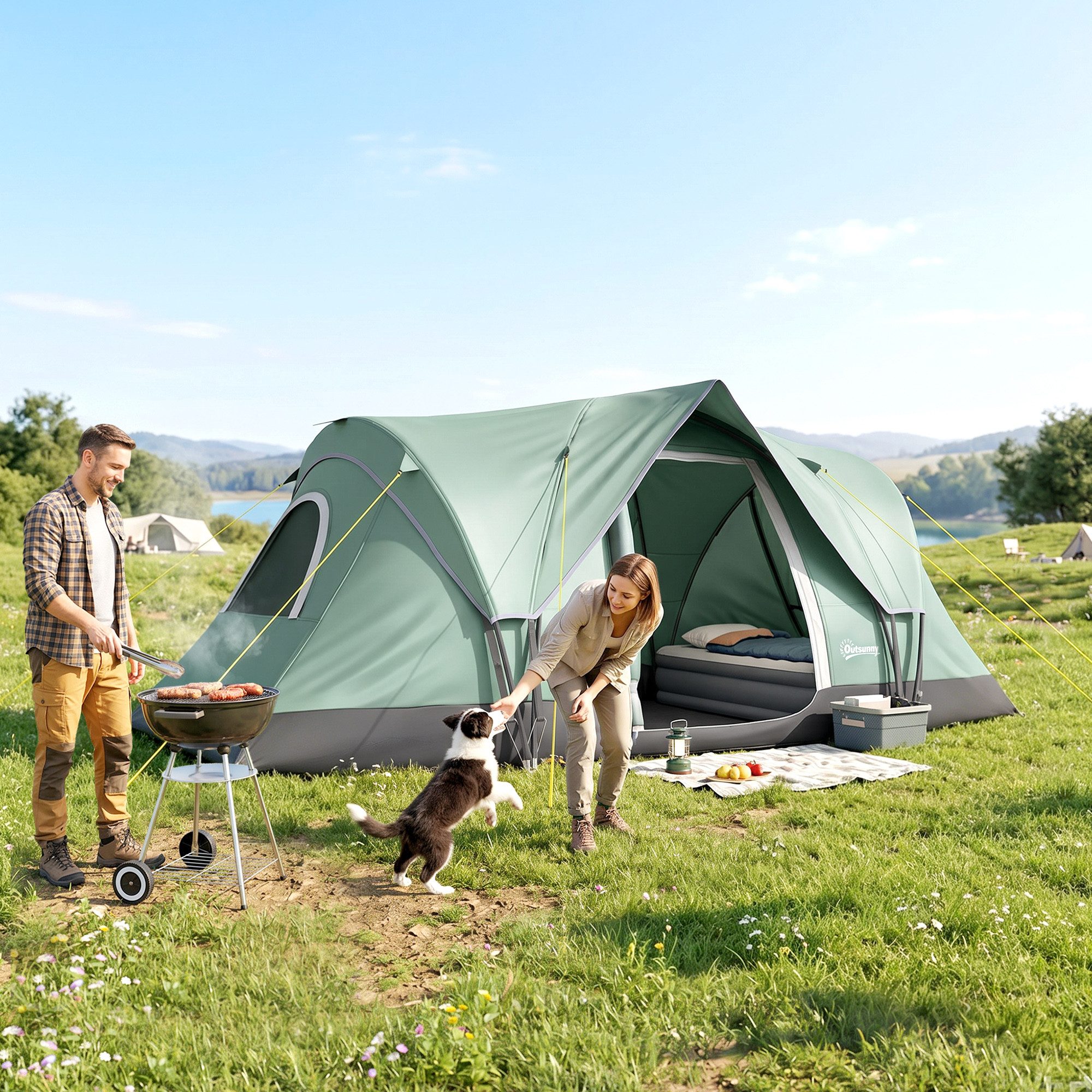Outsunny Tunnelzelt Campingzelt stabil wasserdicht Familienzelt, Personen: 5 (Zelt, 1 tlg., Kuppelzelt), Polyester, Armeegrün + Schwarz, 4,55 x 2,2 x 1,8 m