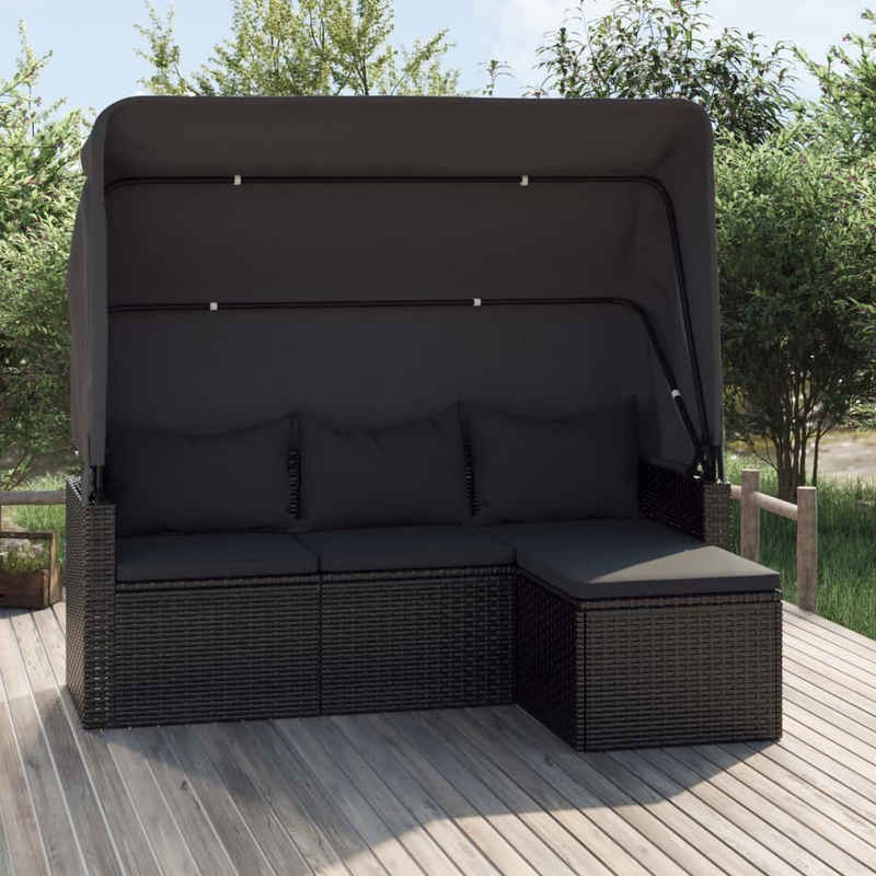 vidaXL Loungesofa 3-Sitzer-Gartensofa mit Dach und Fußhocker Schwarz Poly Rattan, 1 Teile