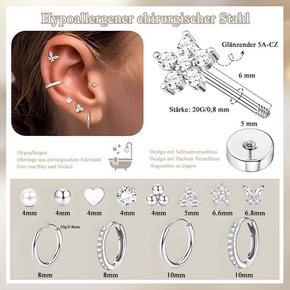 HoyoLee Ohrring-Set 12 Paar Ohrringe Gold Silber Set, Chirurgenstahl Creolen Ohrstecker