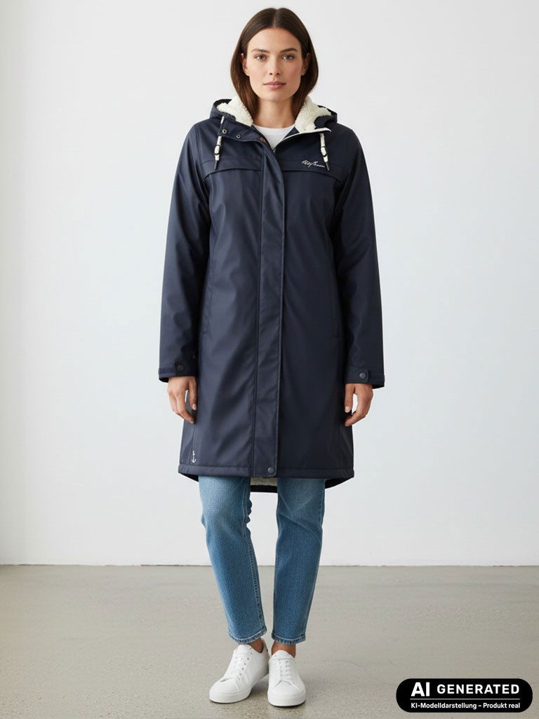 Dry Fashion Regenmantel Oslo Damen PU-Mantel Teddy-Fleece-Futter - Regenjacke Outdoor-Jacke Wind- & wasserdicht, Verschweißte Nähte, 2-Wege-Reißverschluss, Kapuze