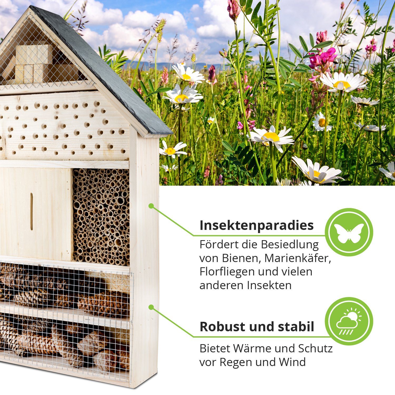 gartenetage Insektenhotel XXL mit Schieferdach/ Naturbelassenes, massives Bienenhotel, Insektenhotel zum Aufstellen, witterungsbeständig/ Schmetterlingshaus