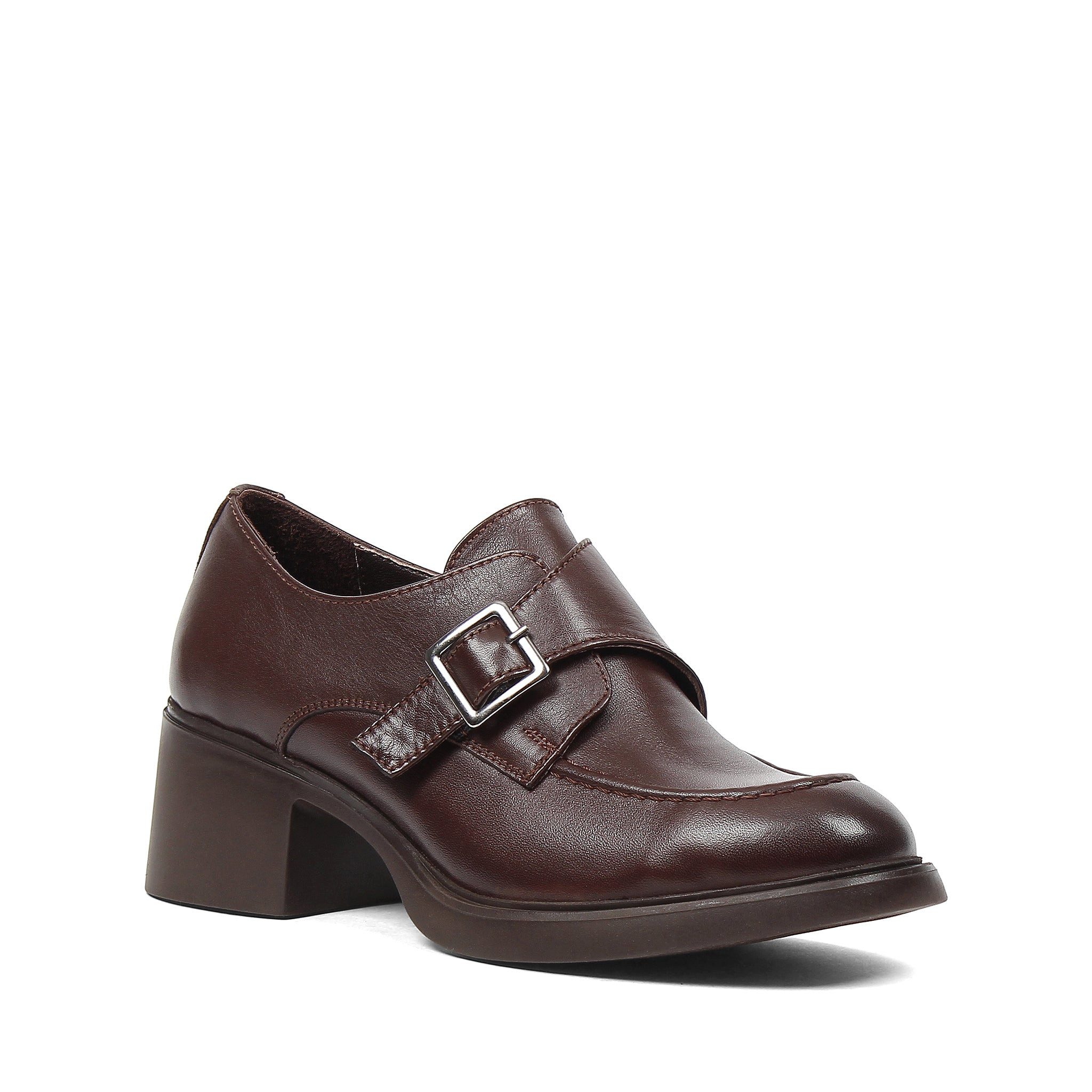 Celal Gültekin Schnallenriemen Blockabsatz Rundspitze Damen Hochfrontpumps Leder, 6 cm Blockabsatz, Braun, 40