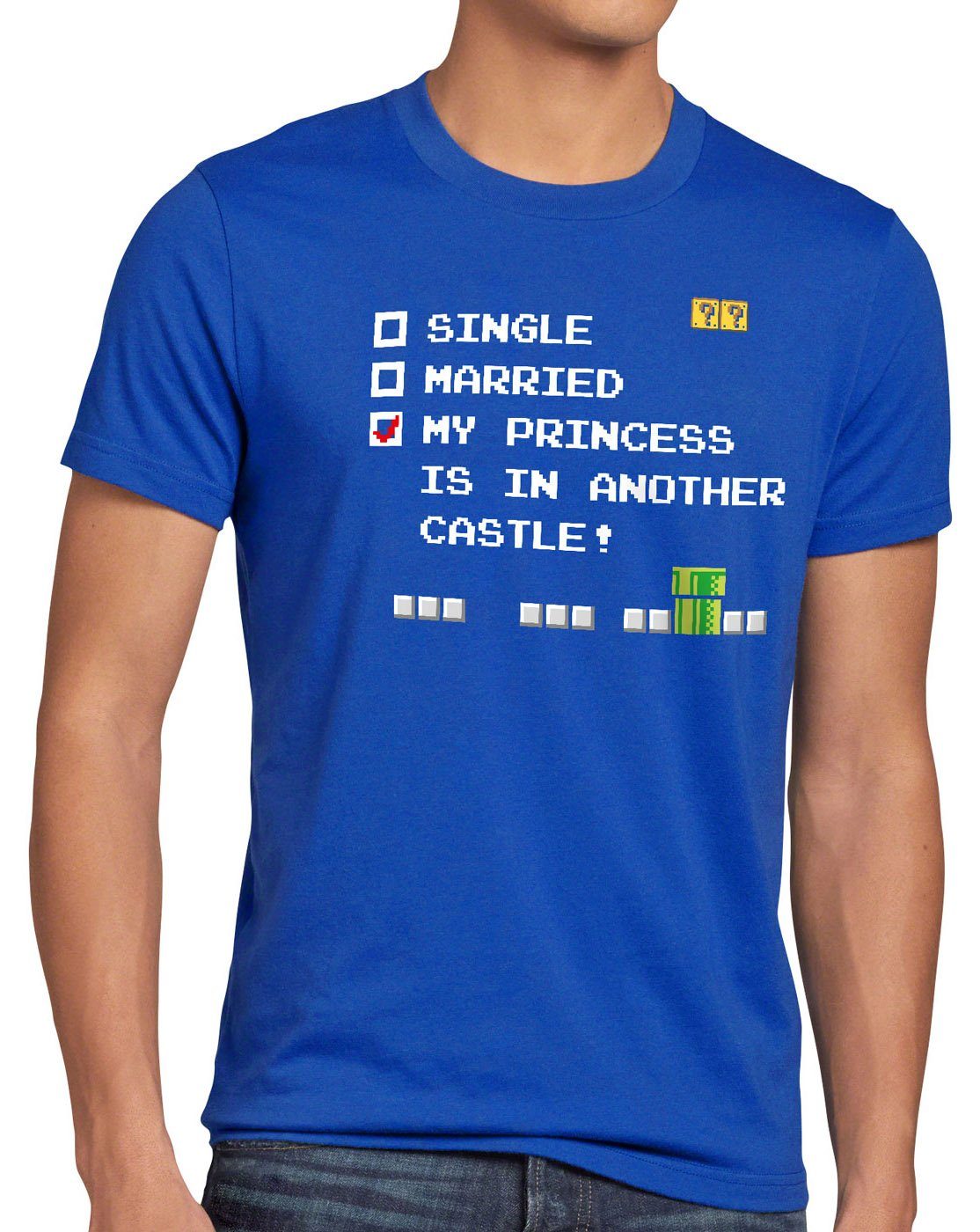 style3 Print-Shirt Herren T-Shirt My Princess is in Another Castle classic gamer snes nes 3ds luigi blau