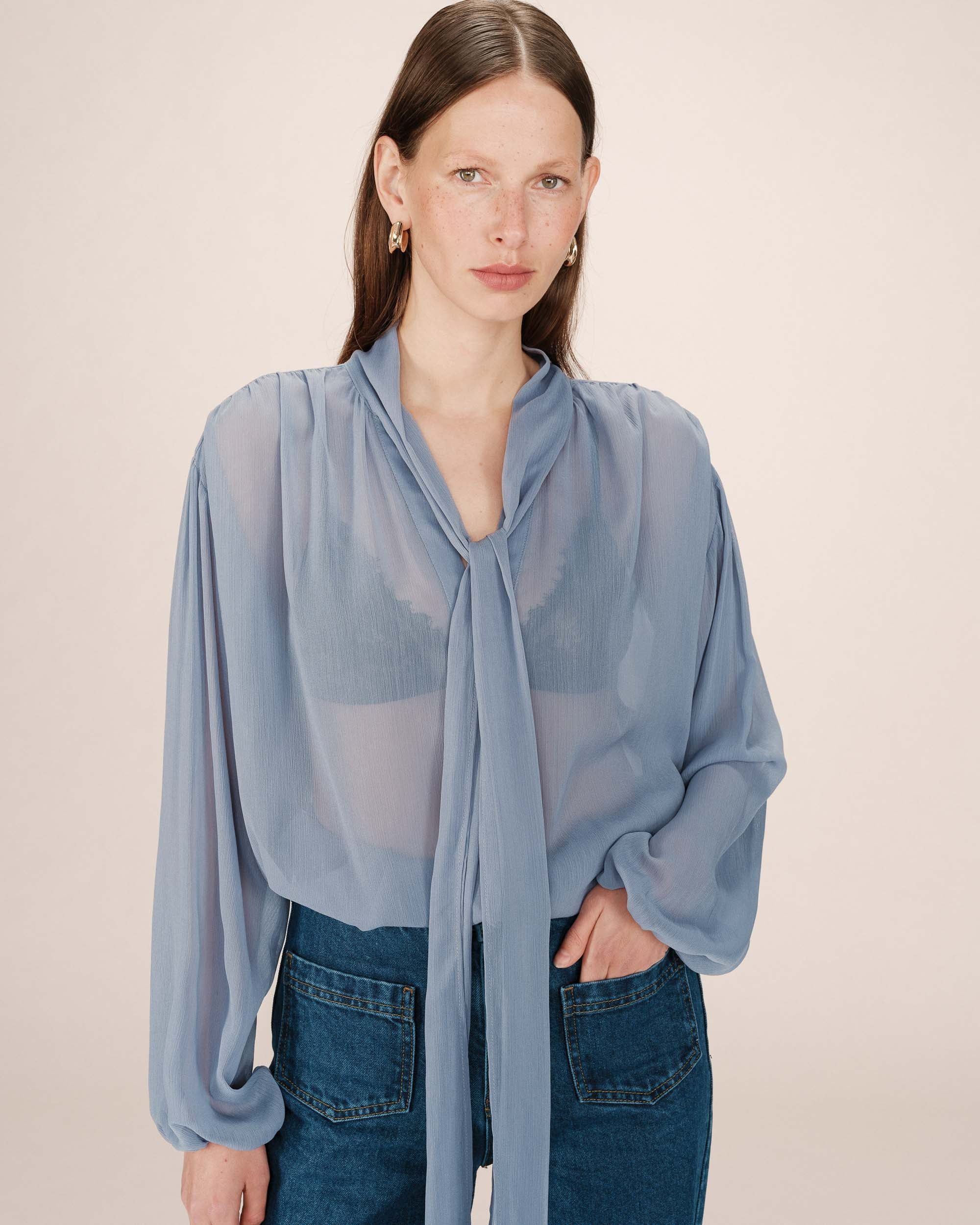 Grace & Mila Schluppenbluse Tie-neck blouse SPLENDIDE ? Damenbluse transparent ? Bluse mit Bindkra