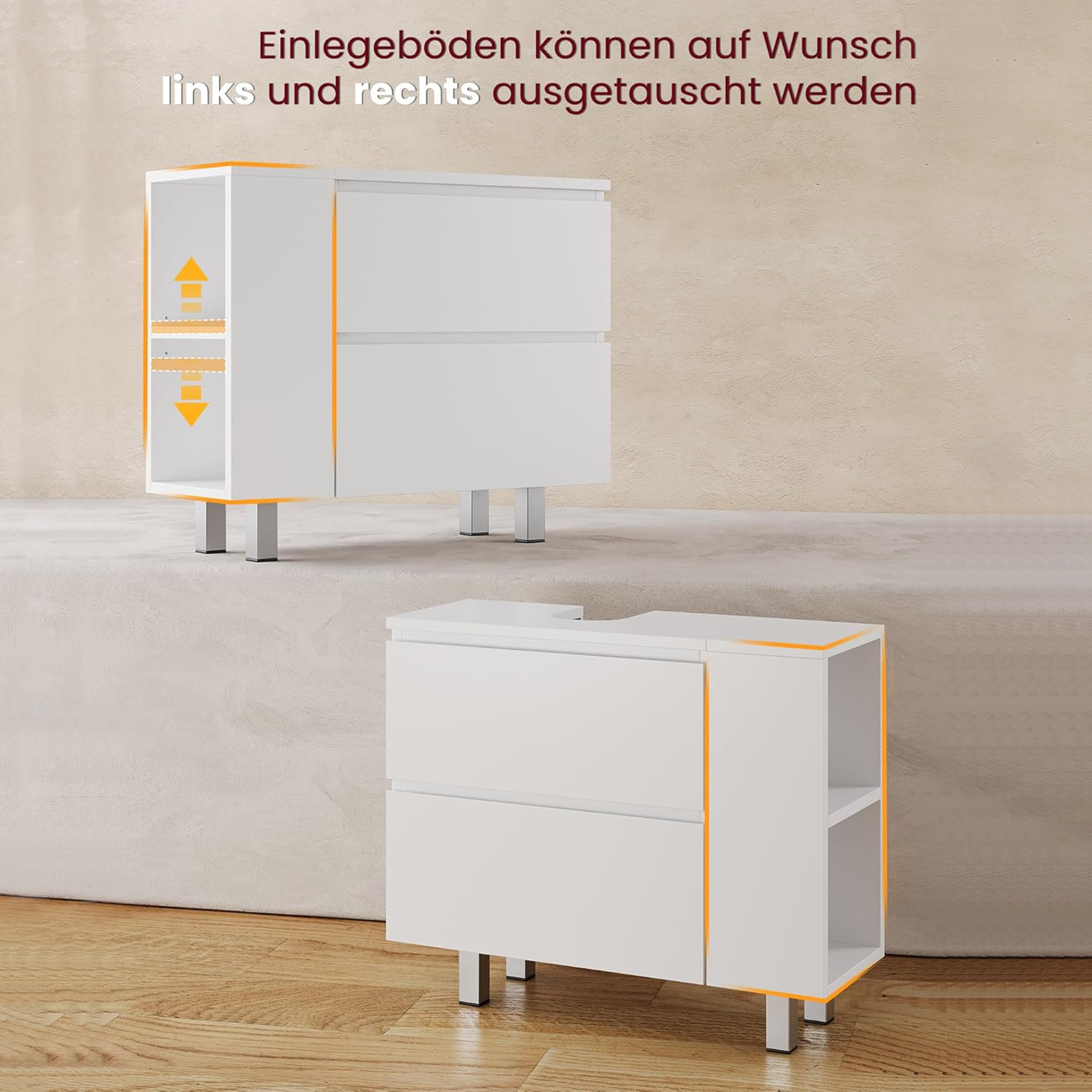 MSMASK Waschbeckenunterschrank Badezimmerschrank mit 2 großen Schubladen,80 x 30 x 66cm (1-St) Transformierbarer Unterschrank, Verstellbare Ablage, Viel Staurau – Bild 5 von 5