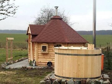 JVmoebel Fasssauna Sauna Holzsauna Fasssauna Landhaus Garten Außensauna Trockensauna, BxTxH: 326 x 326 x 316 cm, (1-St., Trockensauna) Made in Europa