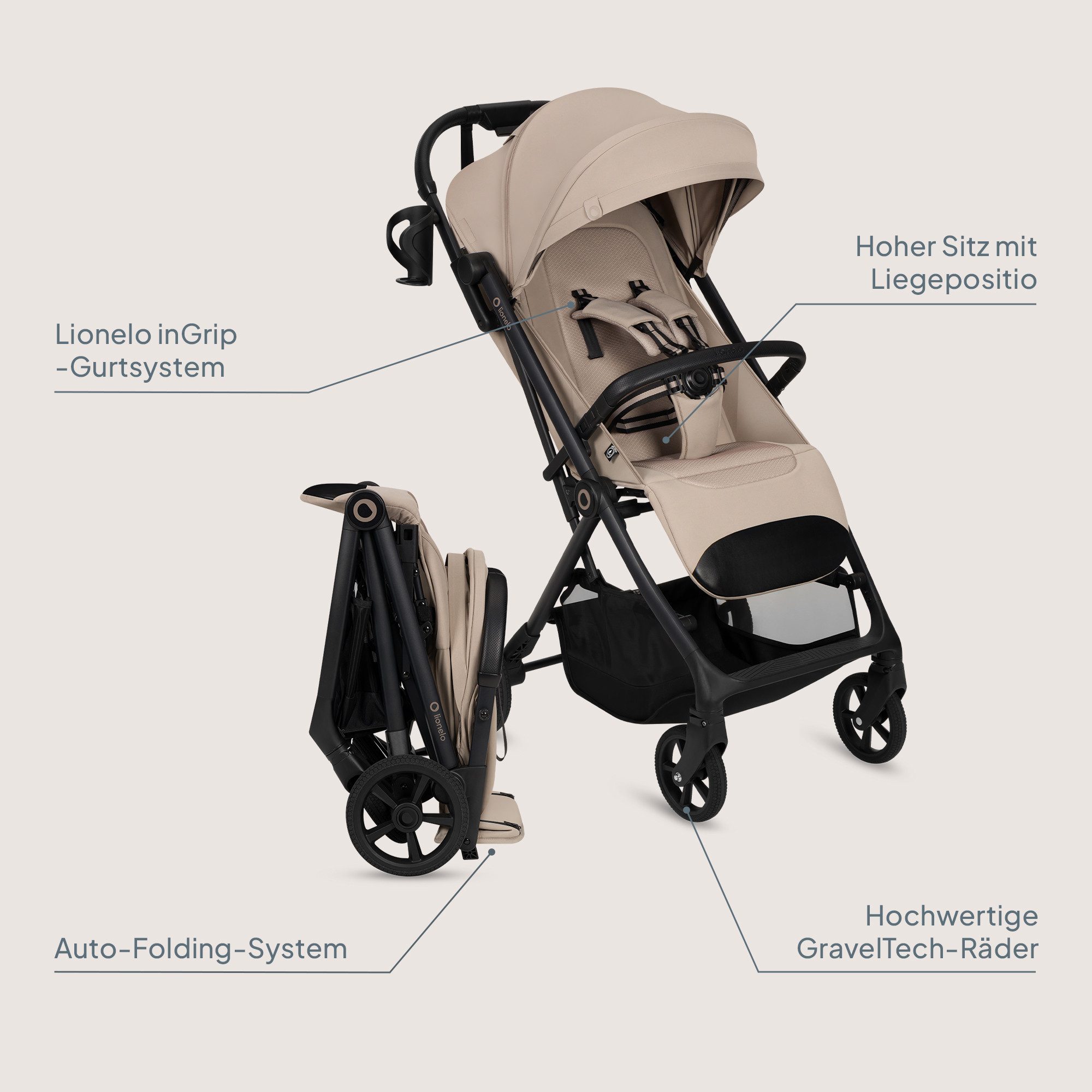 lionelo Kinder-Buggy TANSI, (Set), GravelTech-Räder/Auto-Folding/92 cm Liege/inGrip/einhändig