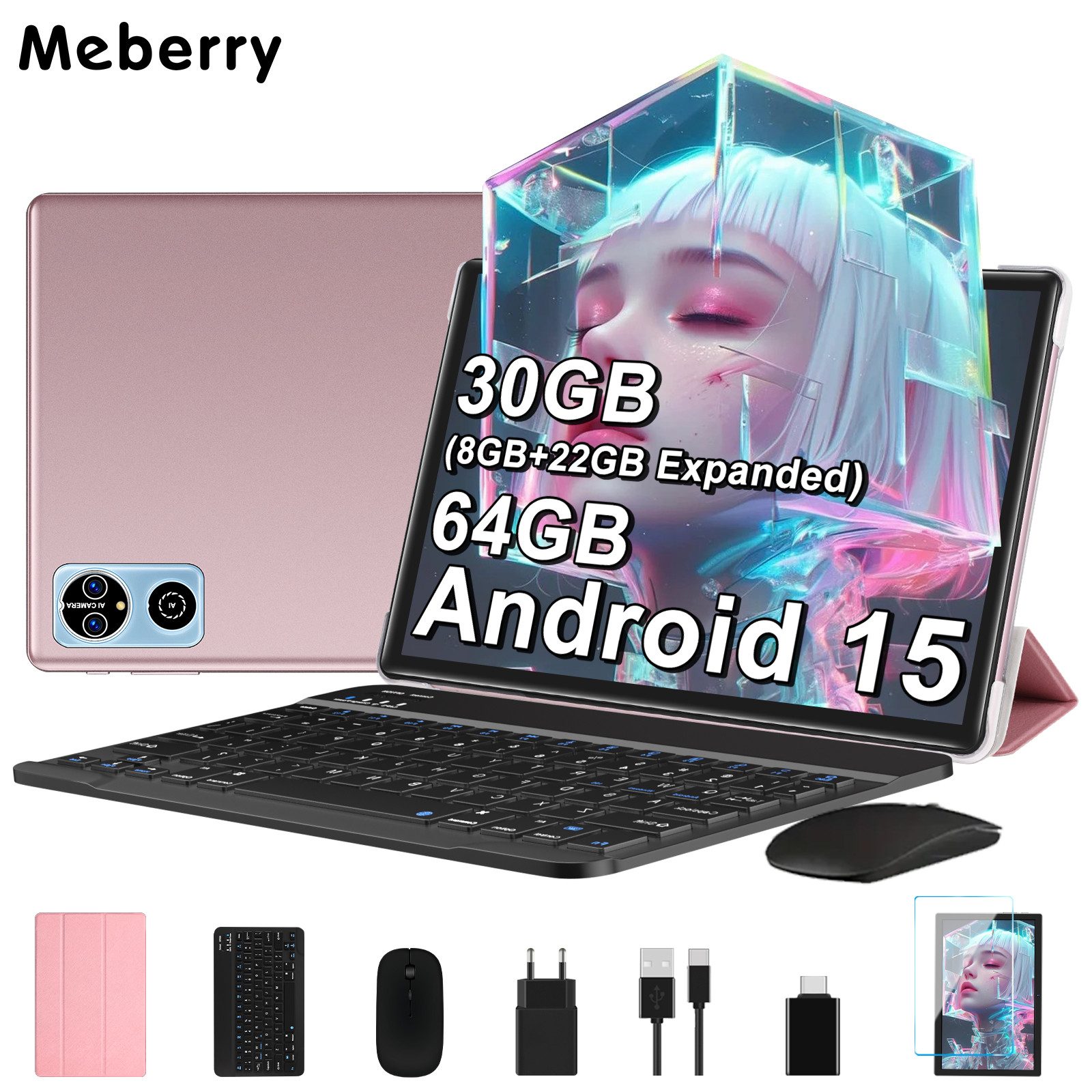 GOODTEL Meberry 30GB RAM 64GB Speicher, Android 15, WiFi, Widevine L1 Tablet (10.1", Android15, 6000 mAh Akku, mit mit Zubehör Tastatur, Maus)