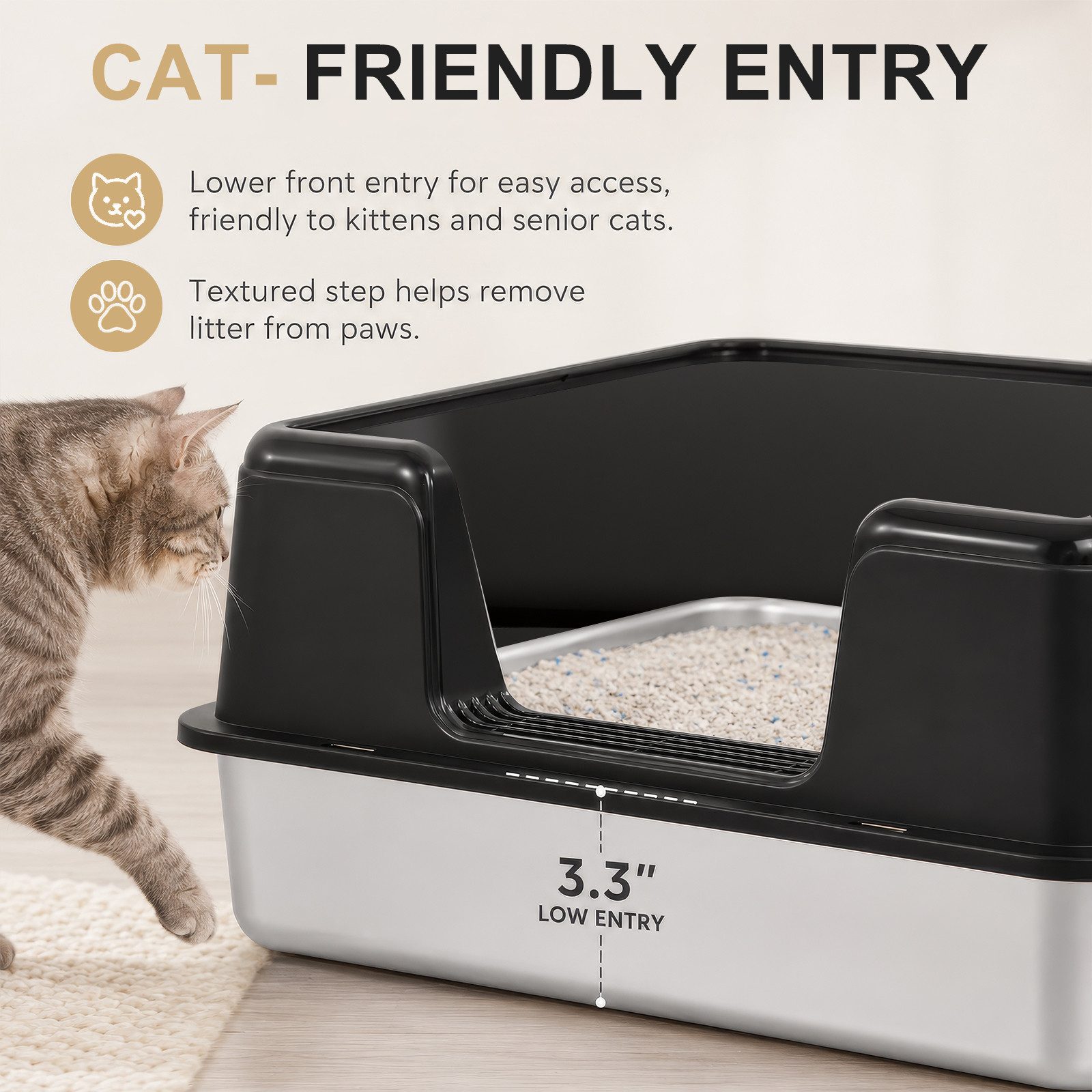 BlingBin Katzentoilette Katzenklo Edelstahl mit Hoher Rand, mit Schaufel, Offenes Design, XL, halbgeschlossenes Katzenklo für große Katzen bis 15 kg