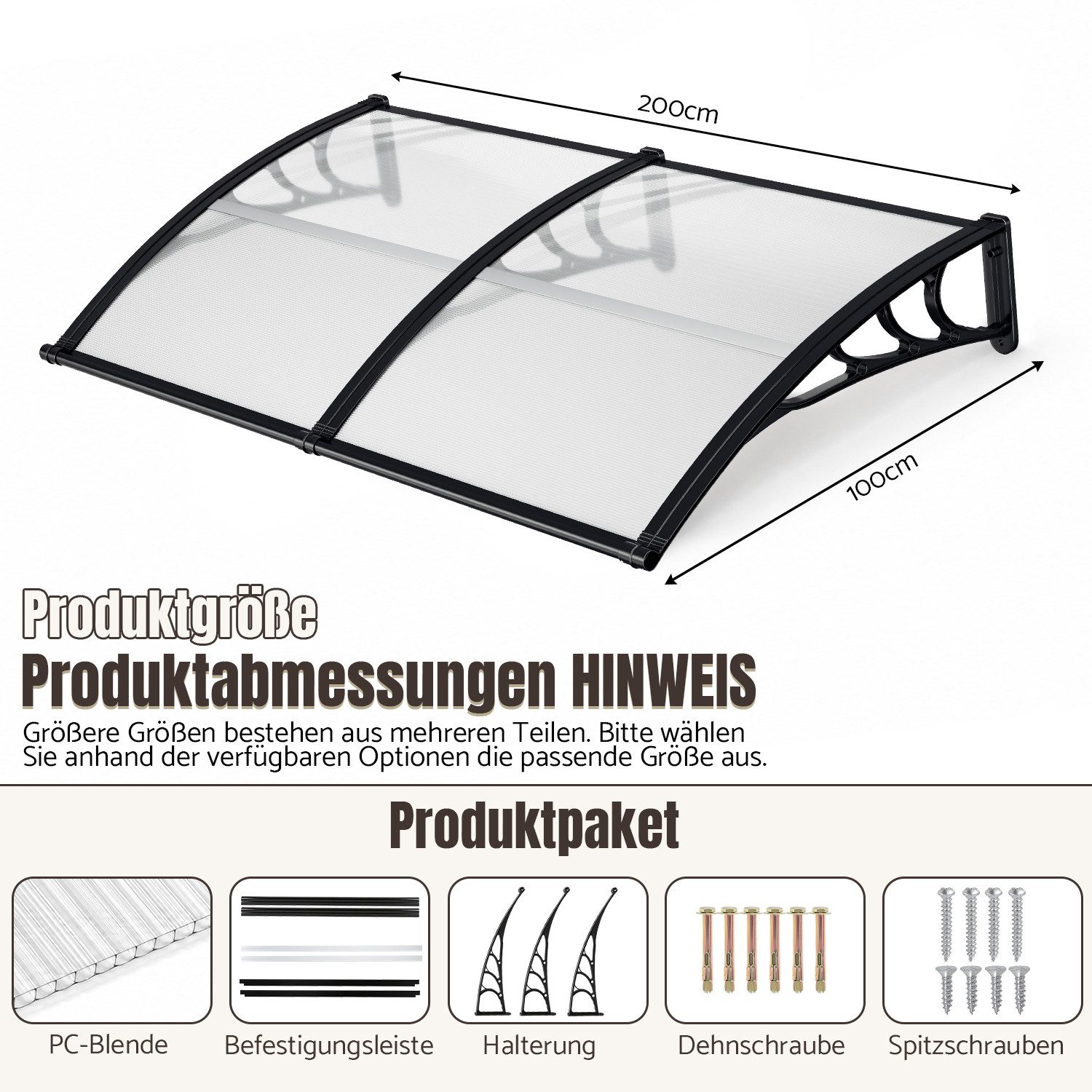 Clanmacy Vordach Haustürvordach mit Regenrinne 200x100 cm, Polycarbonat, Transparent – Bild 2 von 5