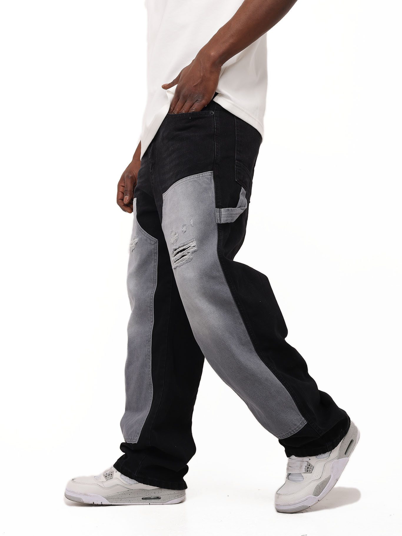 Denim House Loose-fit-Jeans Herren Baggy Jeans, Double Knee Pant Loose Fit Schwarz W32/L34 zusätzliche Eingriffstasche rechts
