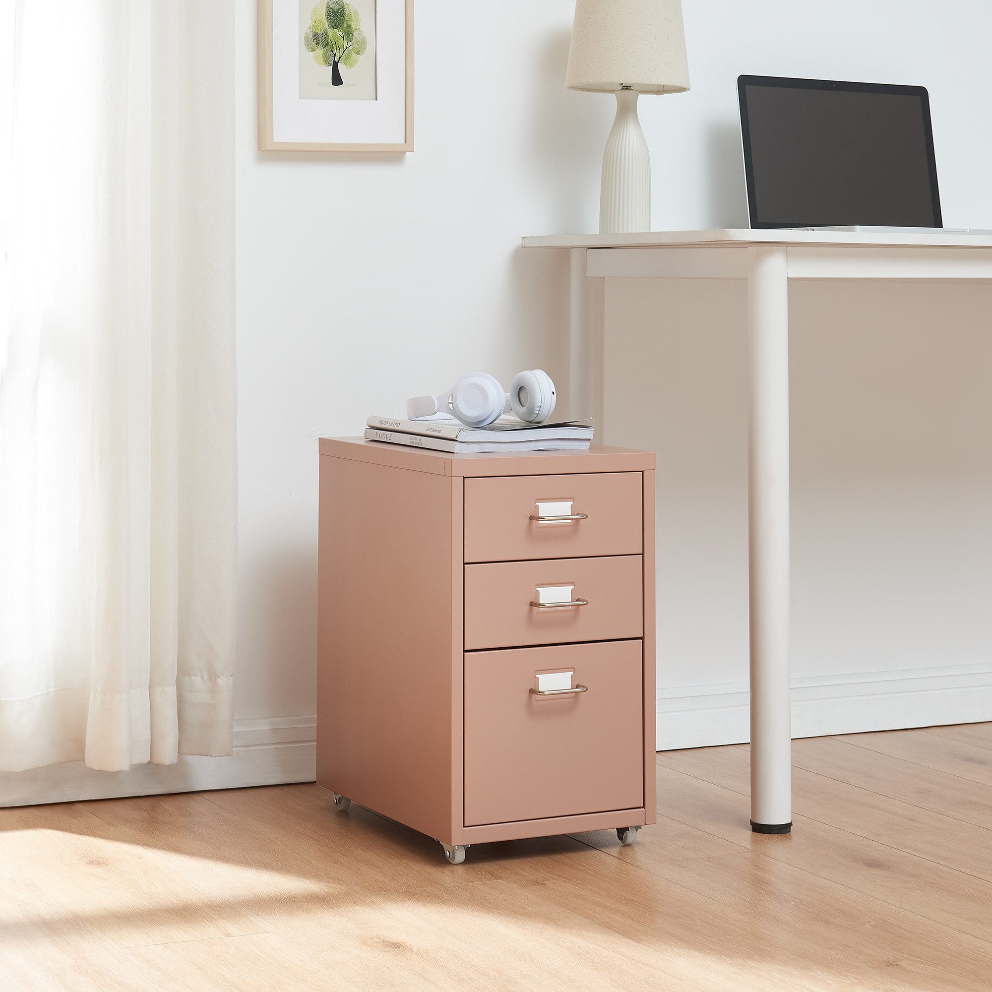 en.casa Rollcontainer, »Kökar« mit 3 Schubladen Bürowagen Hellbraun günstig online kaufen