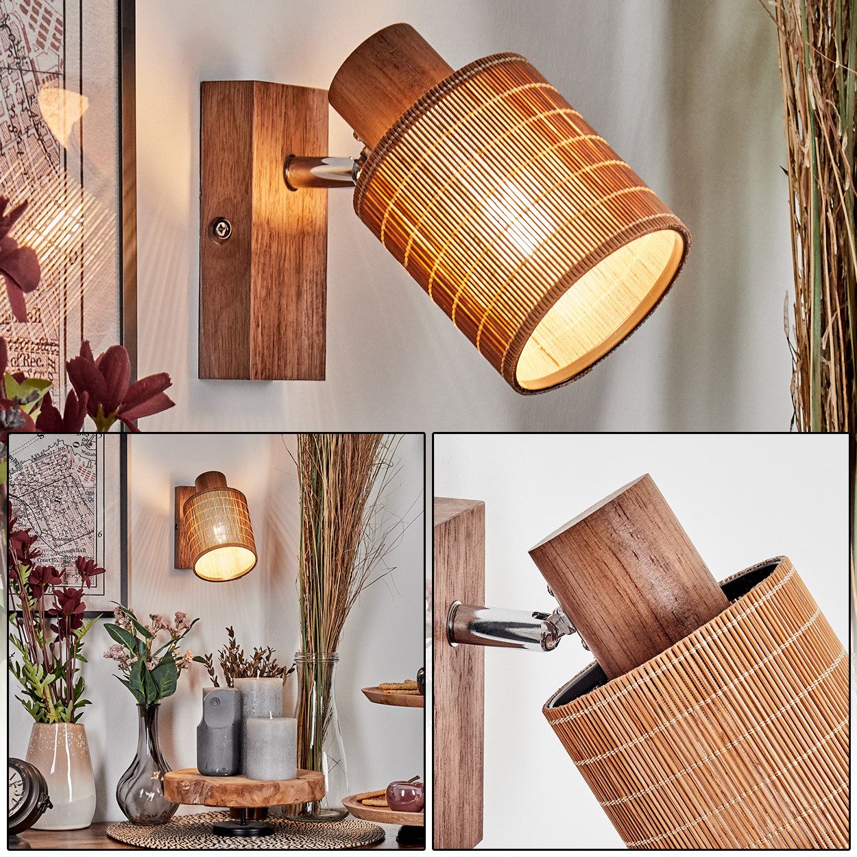 hofstein Wandleuchte Wandlampe aus Holz/Metall/Bambus in Natur/Chromfarben, günstig online kaufen