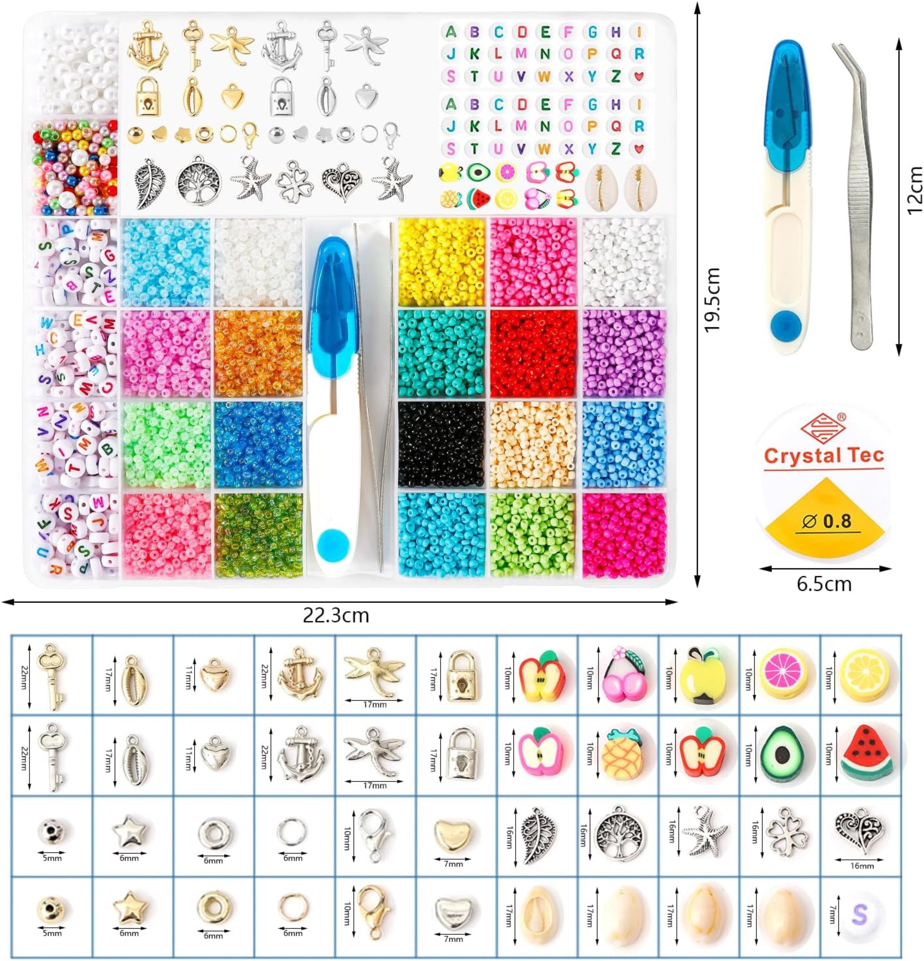 SUOOMAC Perlenarmband Set DIY Schmuckset Perlen 3mm 8000tlg mit Buchstaben und Zubehör (DIY Schmuck-Bastelset, 8000-tlg., 8000 Teile Perlen-Set inkl. Zubehör & Buchstaben), 24 Farben, Buchstaben, Anhänger, DIY Schmuckset