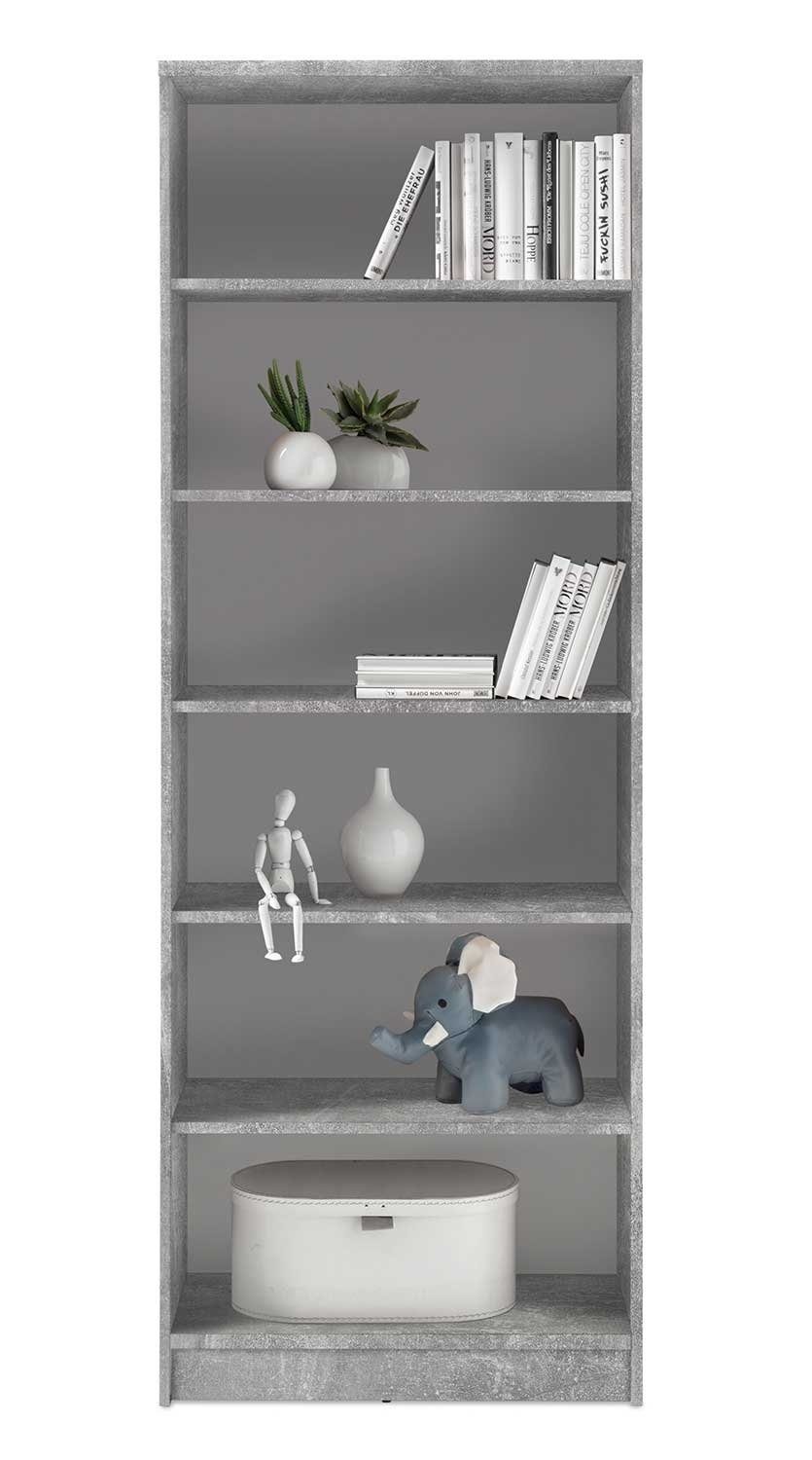 Bücherregal OPTIMUS, Betondekor, 6 Fächer, Freistehend, B 72 x H 198 x T 34 cm