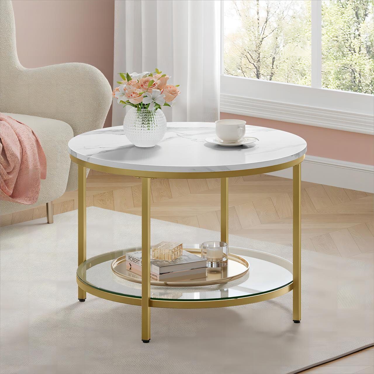 VASAGLE Couchtisch, Beistelltisch, Ø 65/80 x 46cm, Marmoroptik, Hartglasabl günstig online kaufen