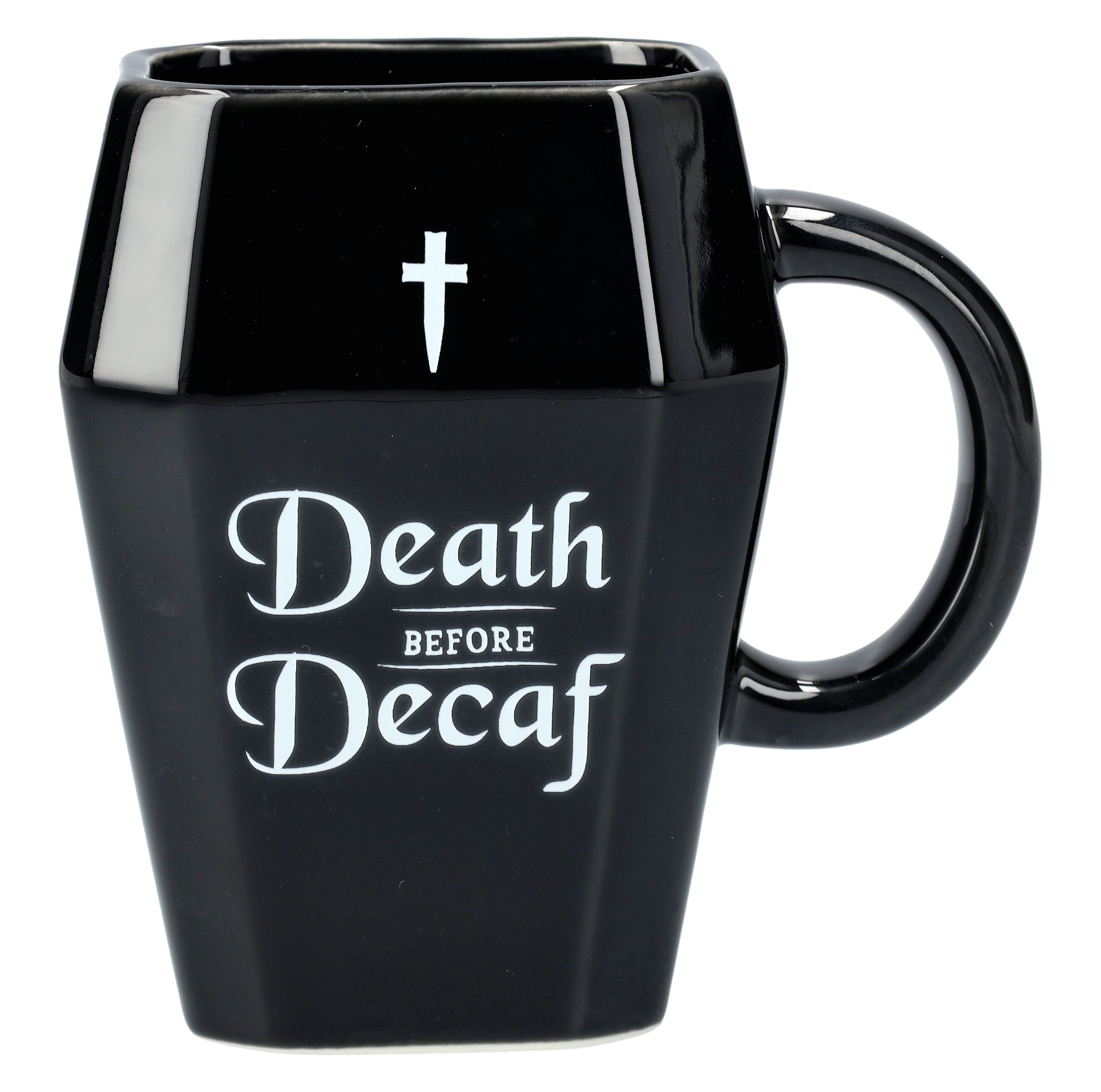 Figuren Shop GmbH Tasse Tasse Sarg - Death Before Decaf - schwarze Teetasse Gothic, Keramik