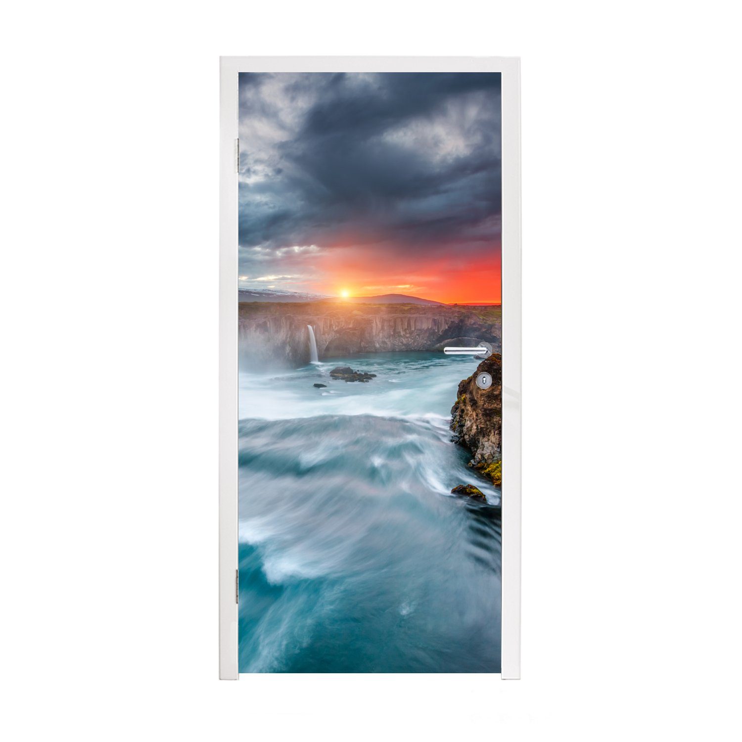 MuchoWow Türtapete Wasserfall - Sonnenuntergang - Natur - Wasser, Matt, bedruckt, (1 St), Fototapete für Tür, Türaufkleber, 75x205 cm