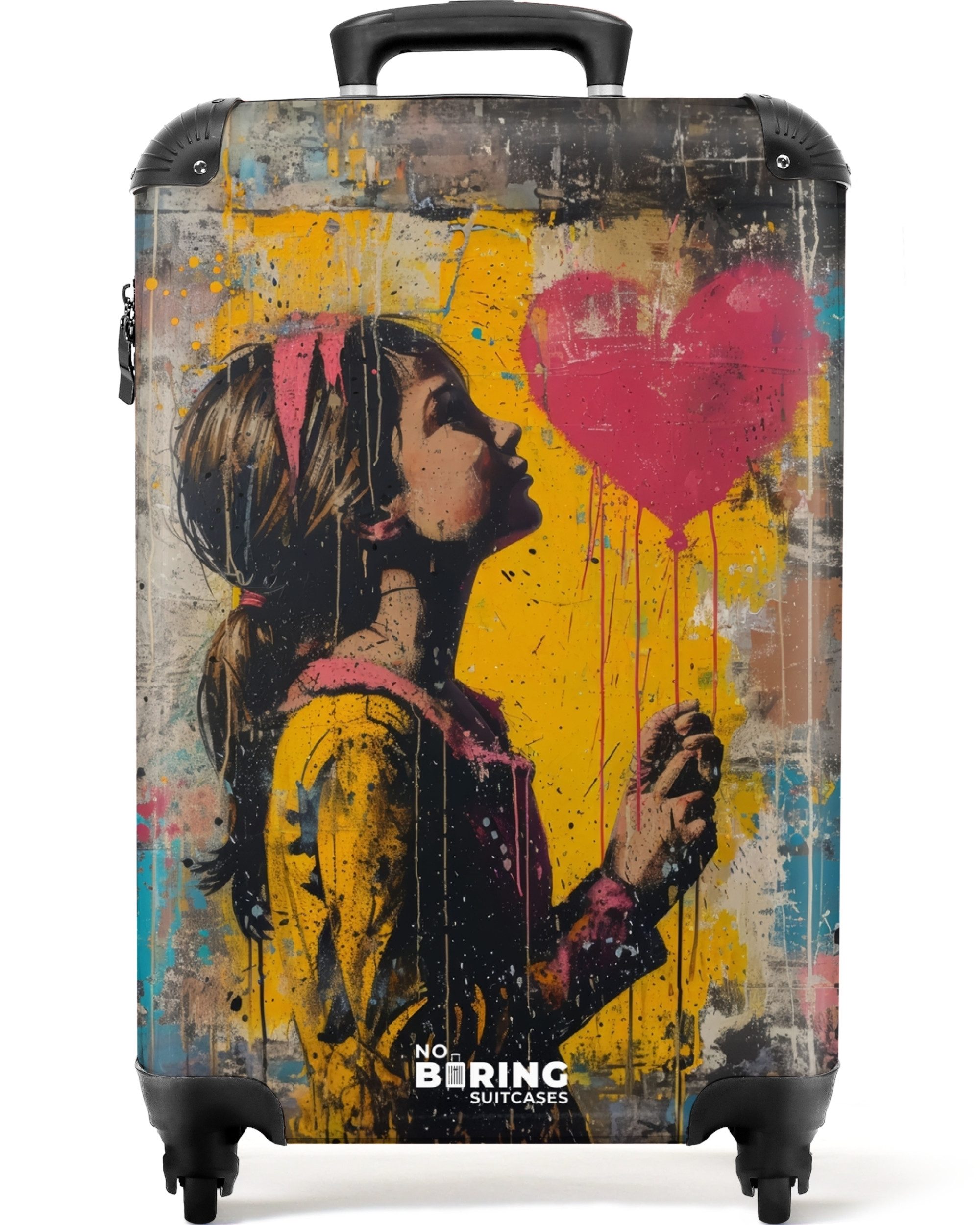 NoBoringSuitcases.com© Hartschalen-Trolley Mädchen mit herzförmigem Luftballon im Graffiti-Stil 55x35x20cm, Reisetasche mit Rollen, Koffer Handgepäck Flugzeug