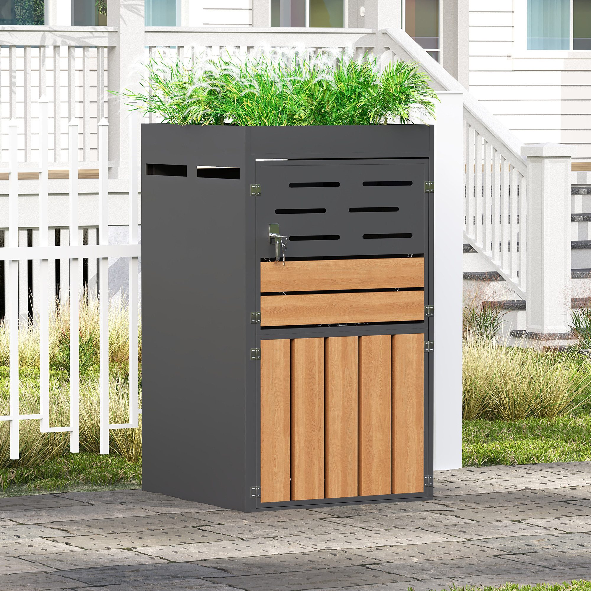 HAUSS SPOLE Mülleimer mit Pflanzkasten,Außenschrank Mülltonnenbox mit Lamellenbelüftung,Grau, 2-in-1-Design Outdoor-Schrank Pflanzkaste mit Mülltonnenfach