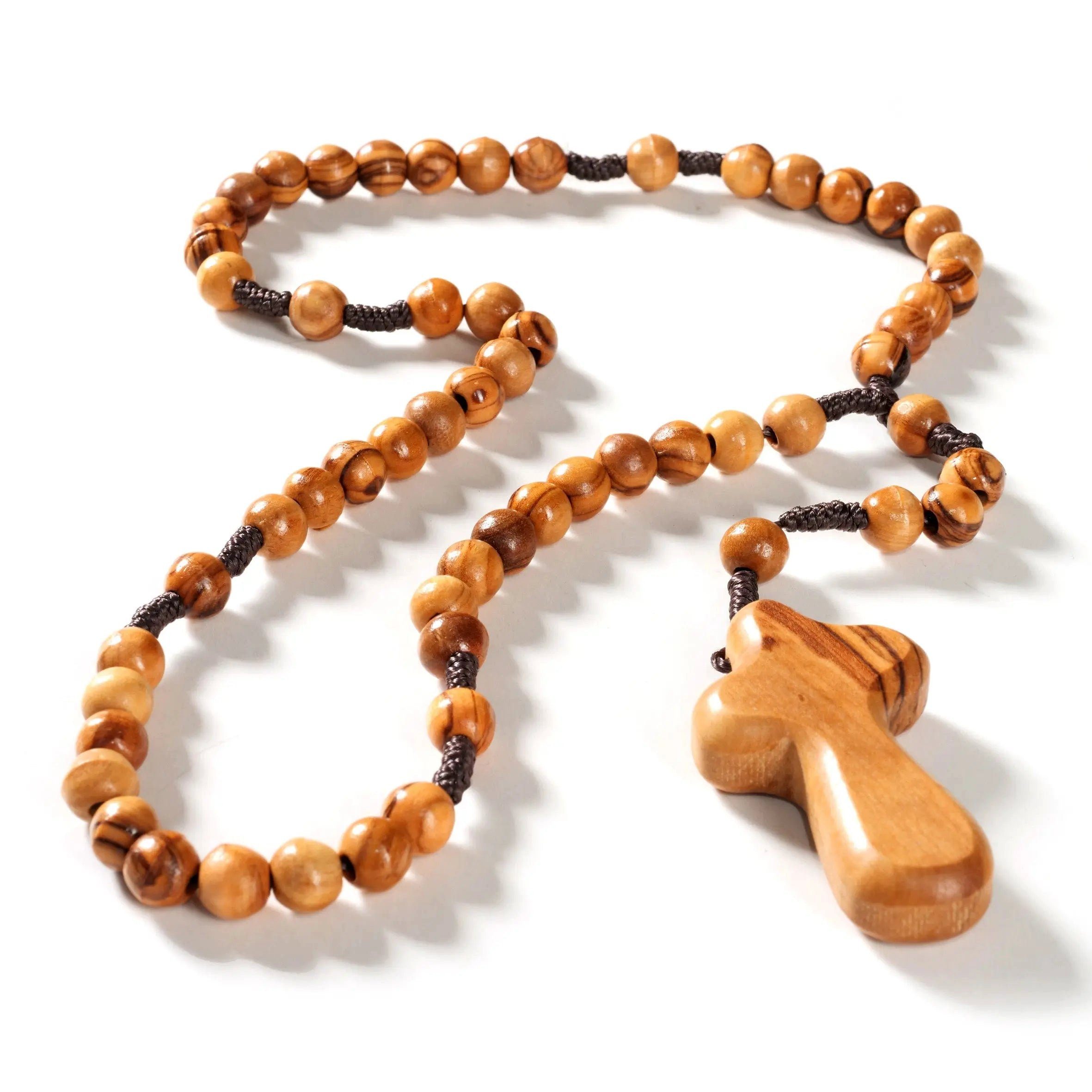 Kassis Dekoobjekt Olivenholzrosenkranz mit Handkreuz, handgemacht, mit runden Perlen, Holzdeko, umweltfreundlich, Naturprodukt, aus Bethlehem, Gebetskette