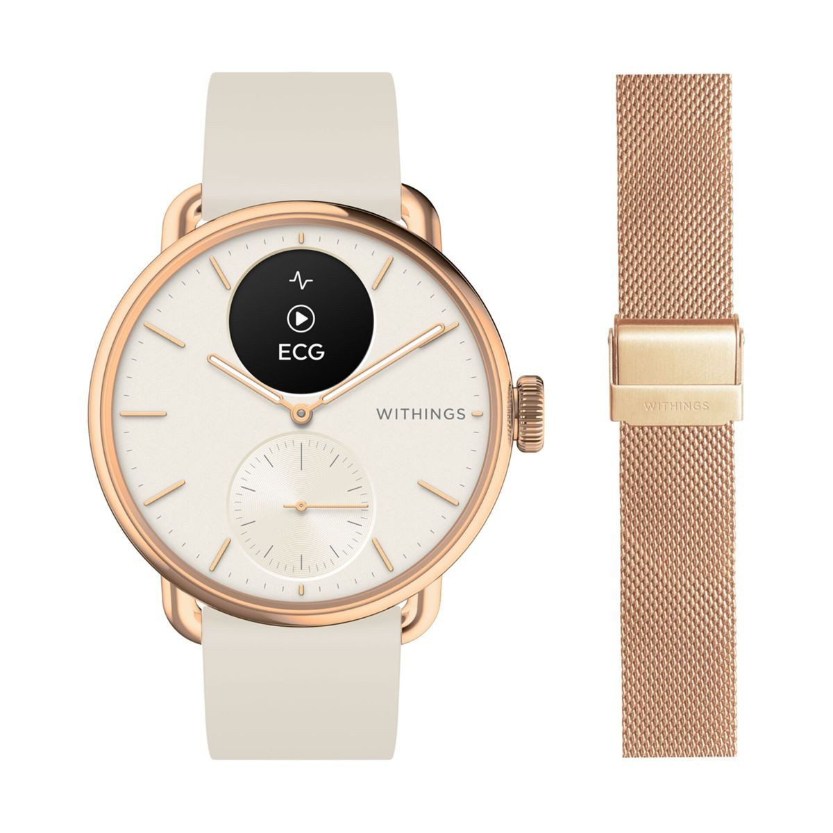 Withings ScanWatch 2, Akku bis 35 Tage, appfähige Smartwatch Set, 38 mm, inkl. Milanese Band Rosegold, Übermittlung von Gesundheitsdaten