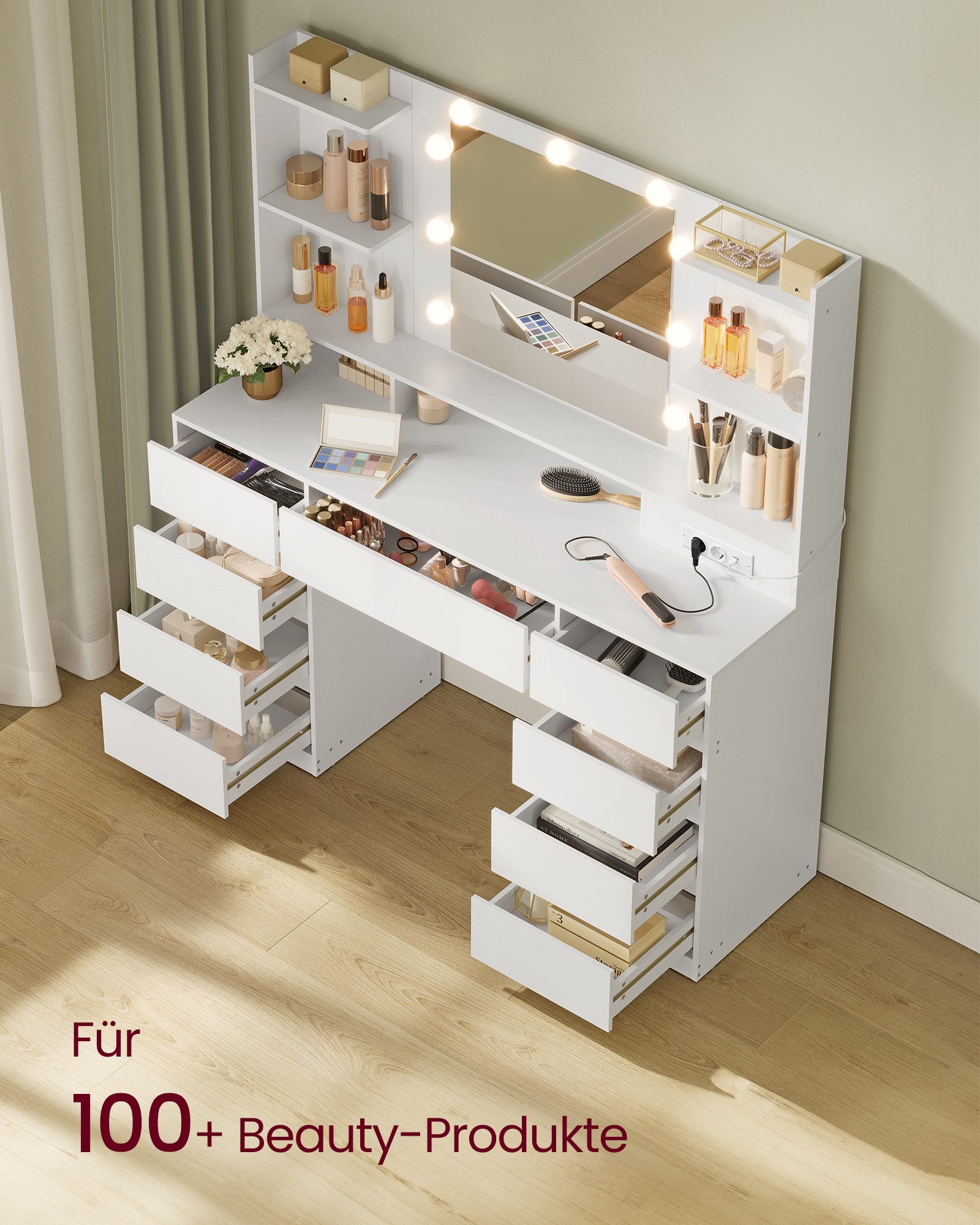 VASAGLE Schminktisch Kosmetiktisch mit Spiegel und 9 dimmbare Glühbirnen, 3 Lichtfarben (1 Tisch mit 1 Hocker), 40 x 107 x 144 cm (T x B x H), 9 Schubladen, müh – Bild 3 von 5
