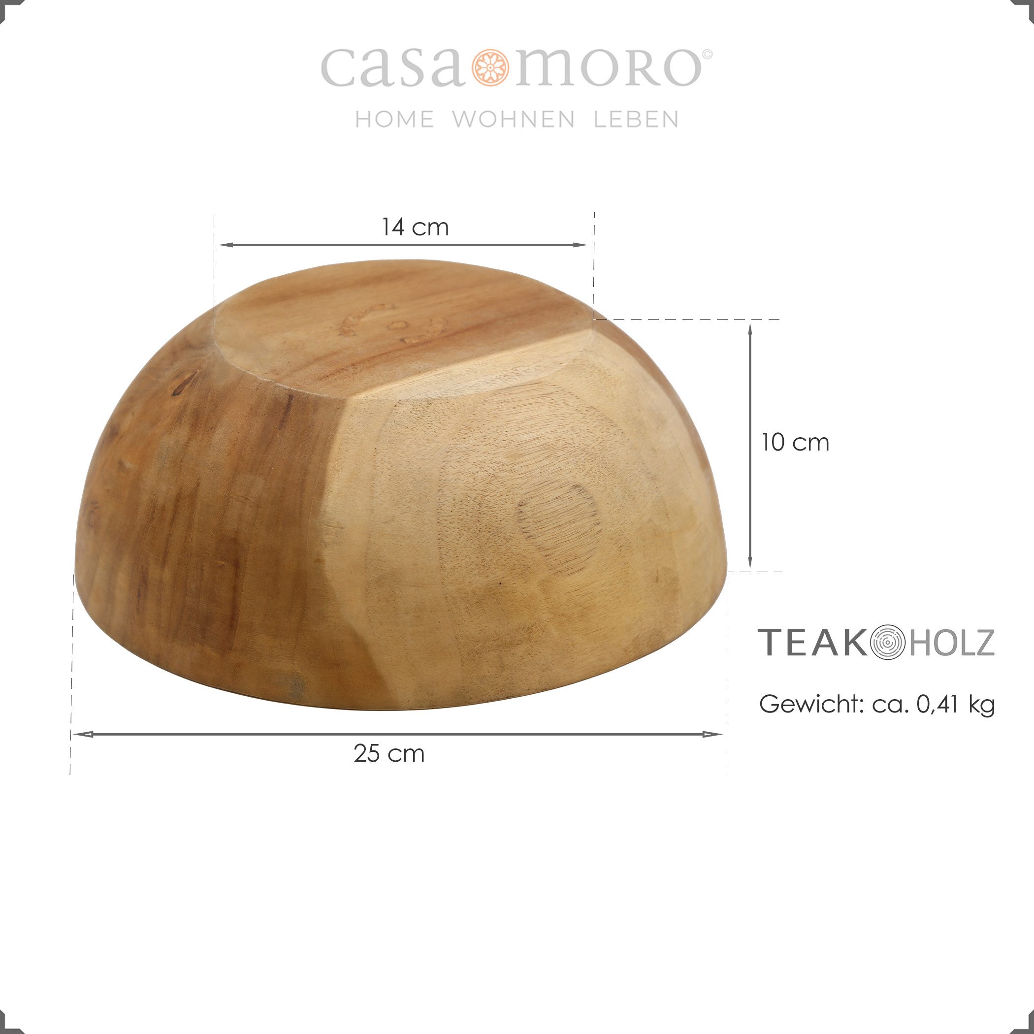 Casa Moro Servierschale Holzschale Holz 25 cm Teak Dekoschale Brotkorb Schale, 100 % Teakholz, aus einem Teakstammring - ganz ohne Leim oder Furnier