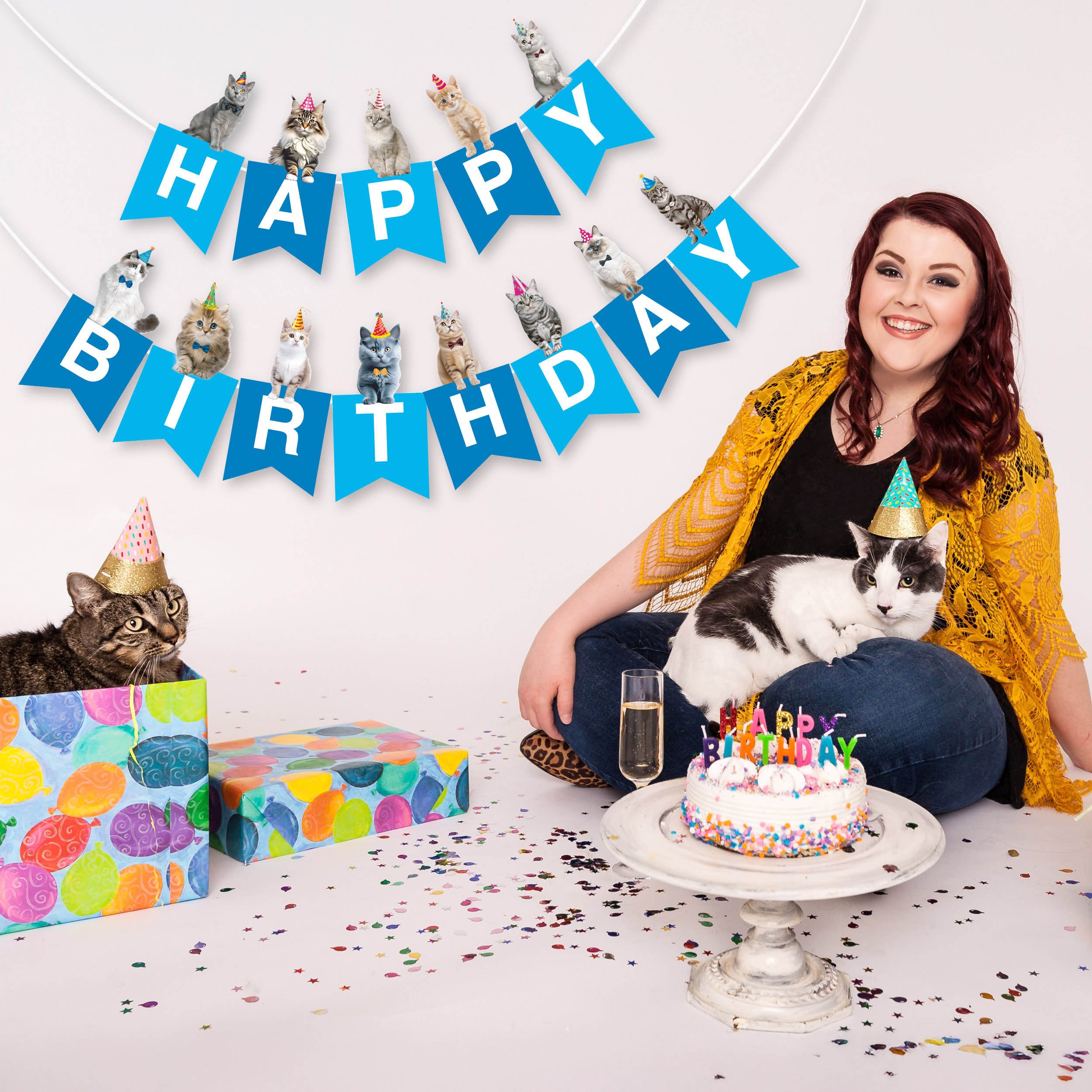 BRUBAKER Wimpelkette Happy Birthday mit Party Katzen - Geburtstag Deko Party Banner, Geburtstagsgirlande für Jungen und Mädchen - Tier Girlande