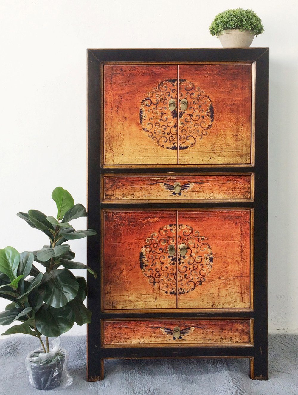 OPIUM OUTLET Wohnzimmer-Set Möbel-Kombination mit Hochzeitsschrank Landhaus-Stil, (Asia Wohnzimmer-Set bestehend aus Sideboard und Schrank schwarz-orange; komplett montiert, 2-St), chinesisch asiatisch orientalisch vintage Schrank Kommode Sideboard