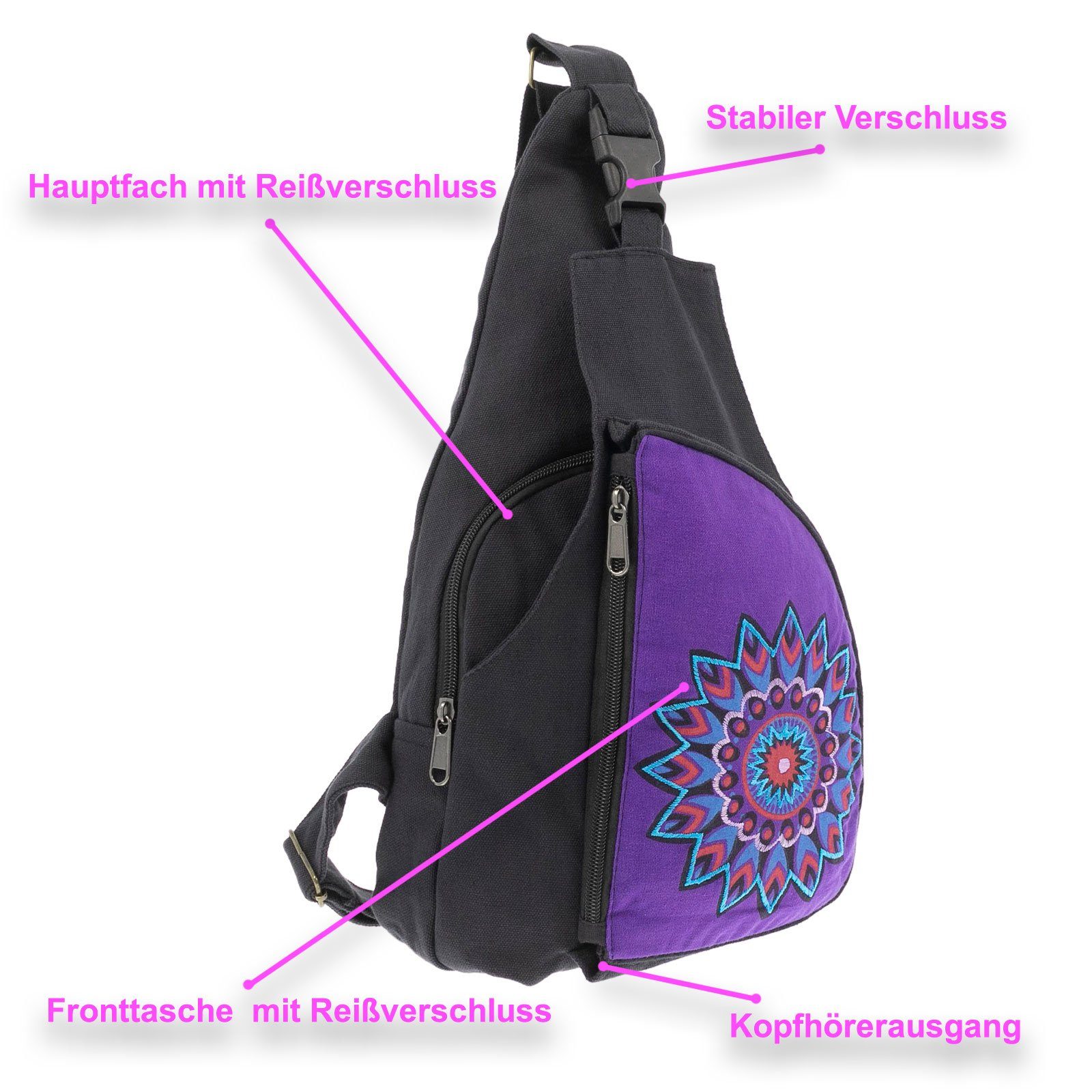 Lila M Hippie Schultertasche Bodybag Slingbag Kunst&Magie Schwarz Rucksack MAGIE Mandala KUNST Schultertasche UND /