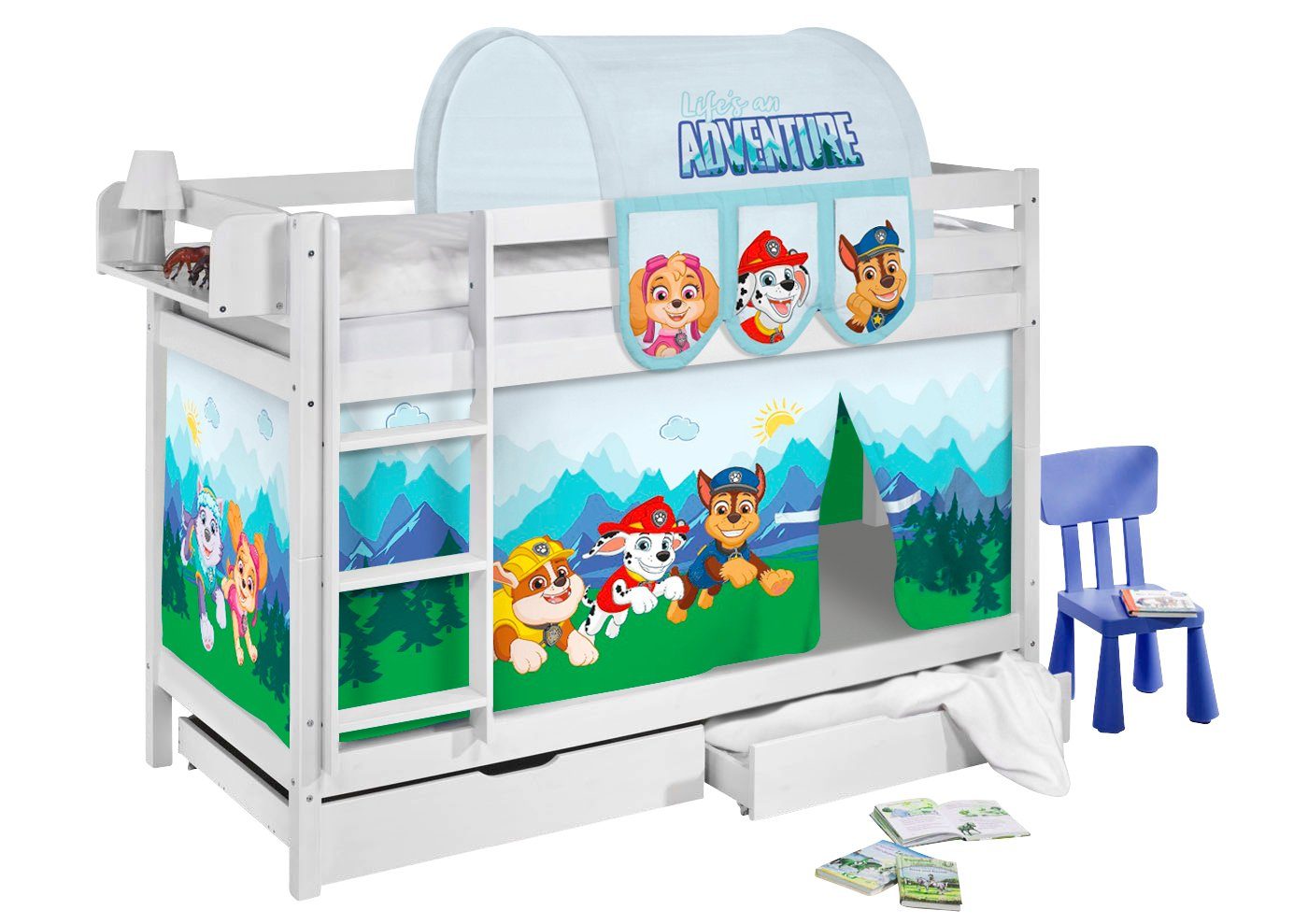 Lilokids Spielbett Etagenbett JELLE 190x90 + 2 Lattenroste & Vorhang PAW PA günstig online kaufen