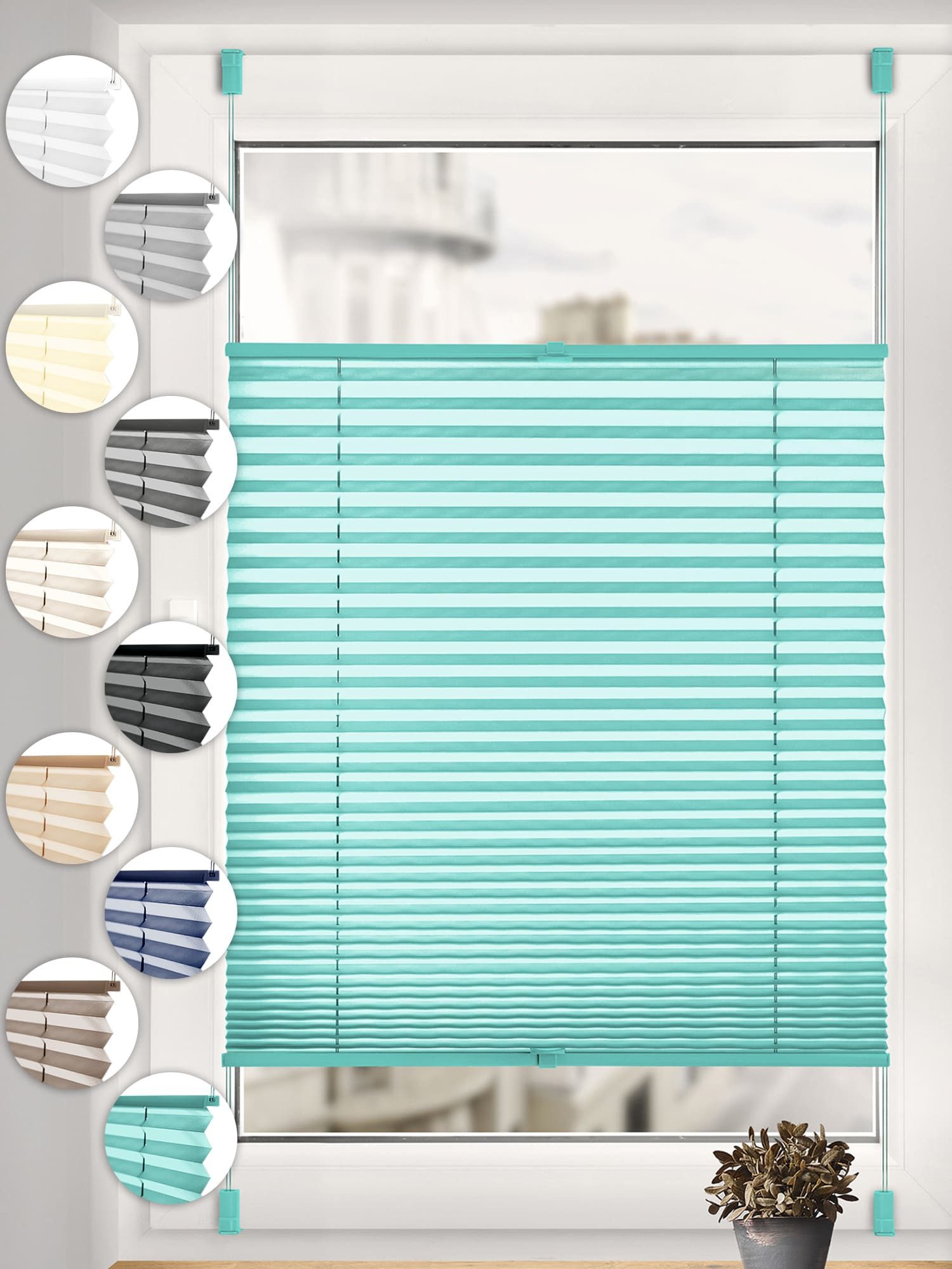 Sonello Plissee ohne Bohren Rollo Klemmfix für Fenster & Tür Lichtschutz, blickdicht, ohne Bohren, verspannt, Klemmfix, 30cm x 100cm Türkise Faltrollo, Easyfix, Sonnenschutzrollo, Jalousie