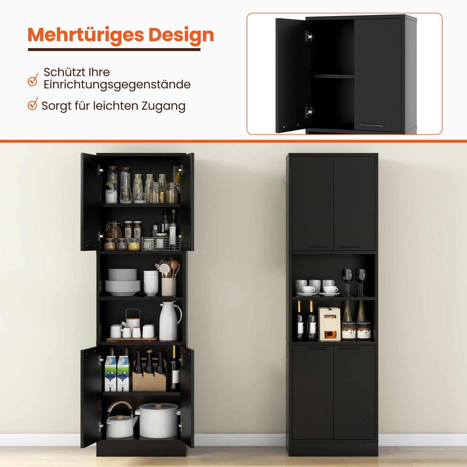 COSTWAY Küchenbuffet Hochschrank mit Türen, Regalen 56x30x190 cm – Bild 3 von 5