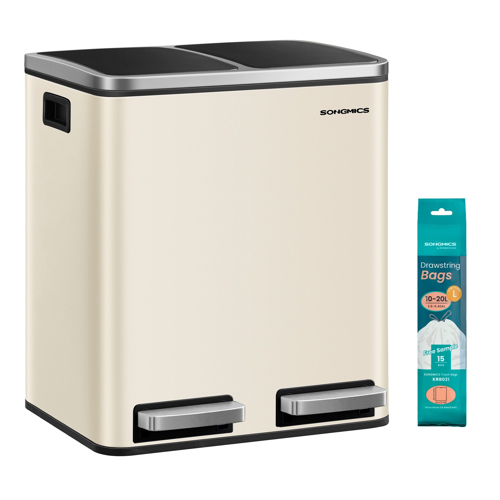 SONGMICS Mülleimer 2x15L, Außenbehälter aus Stahl, Klappdeckel, Softclose, 15 Müllsäcke, 2x15 L, Inneneimer aus Kunststoff, Klappdeckel, Softclose, luftdicht