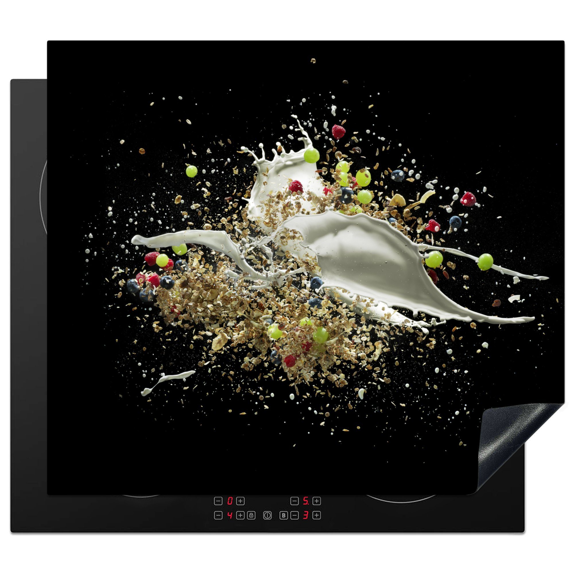 MuchoWow Herdblende-/Abdeckplatte Müsli-Explosion in der Luft, Vinyl, (1 tlg), 59x52 cm, Ceranfeldabdeckung für die küche, Induktionsmatte