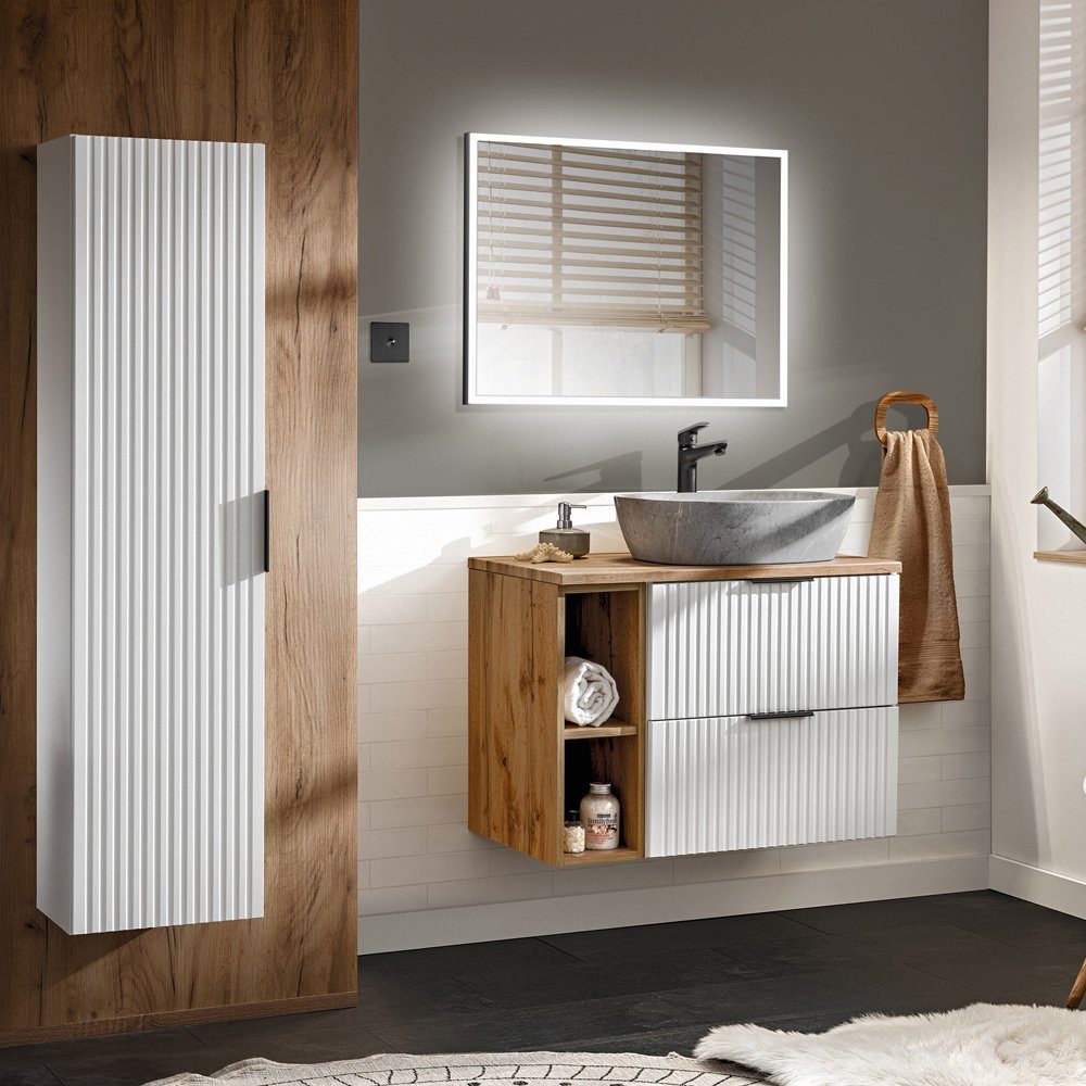 Lomadox Badmöbel-Set ADELAIDE-56-WHITE, (Spar-Set, 3-St), mit LED-Spiegel und Hochschrank, weiß mit Eiche Nb.