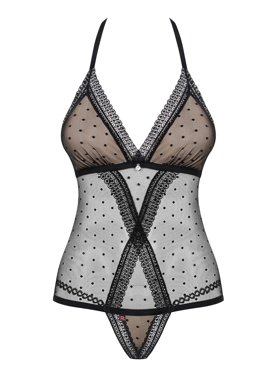 Obsessive Bodystocking-Ouvert Reizwäsche Damen Teddy Body Neckholder in schwarz transparent gepunkte