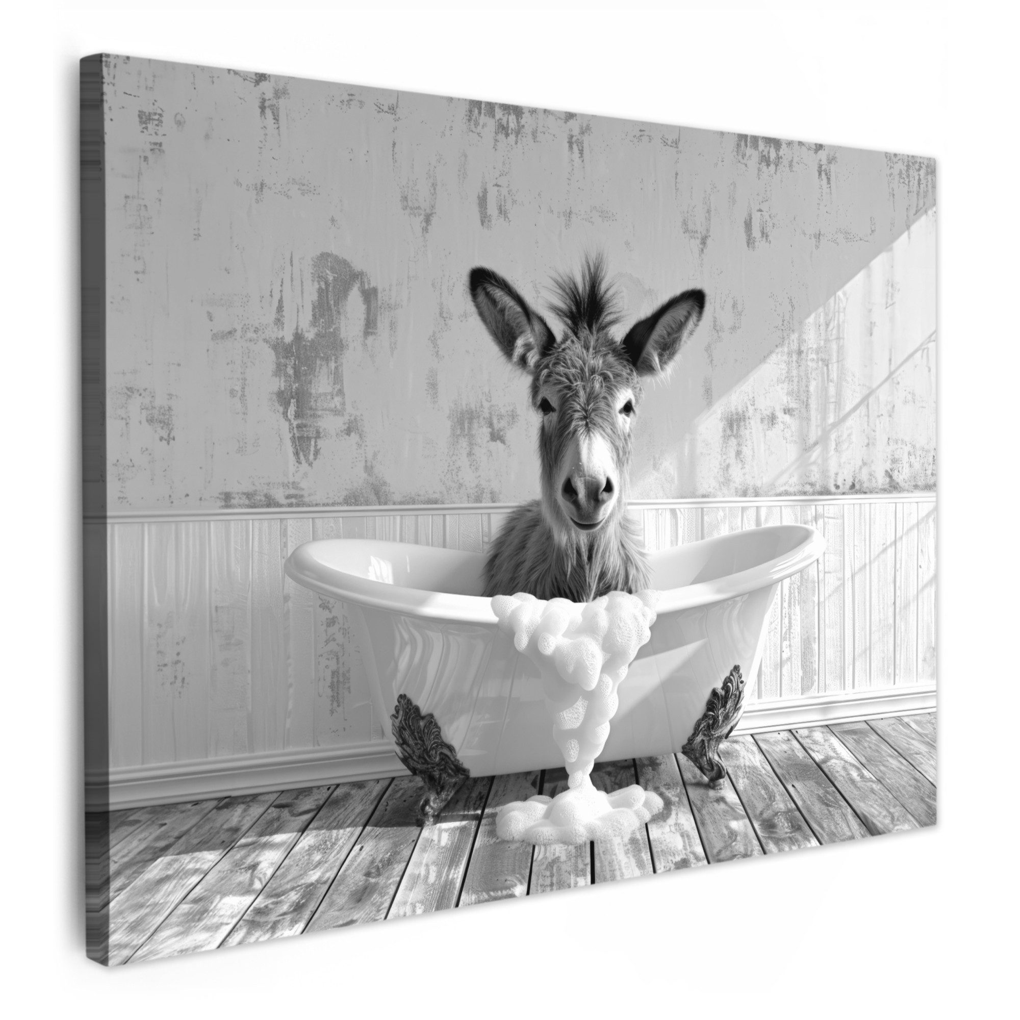 OneMillionCanvasses® Leinwandbild Esel - Tier - Vintage - Badewanne - Schwarz - Weiß, Fotodruck (1 St), Badezimmer Deko, Klo Изображения, WC und Badezimmerdeko 40x30 cm