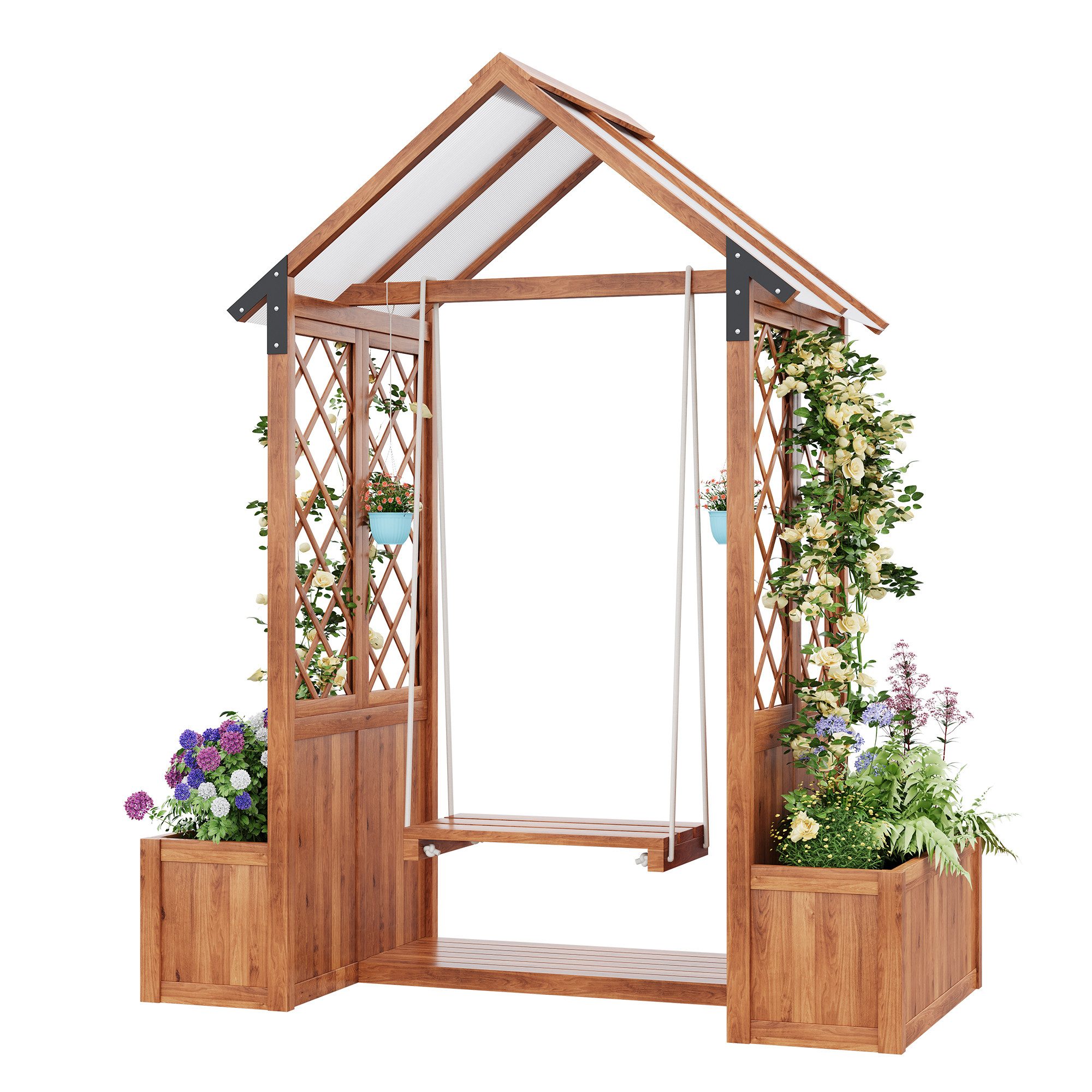 Merax Blumenkasten Pflanzkübel mit Outdoor-Schaukel und Sonnendach (1 St), Pflanzgefäß mit Spalier als Kletterhilfe, für Garten, Terrasse