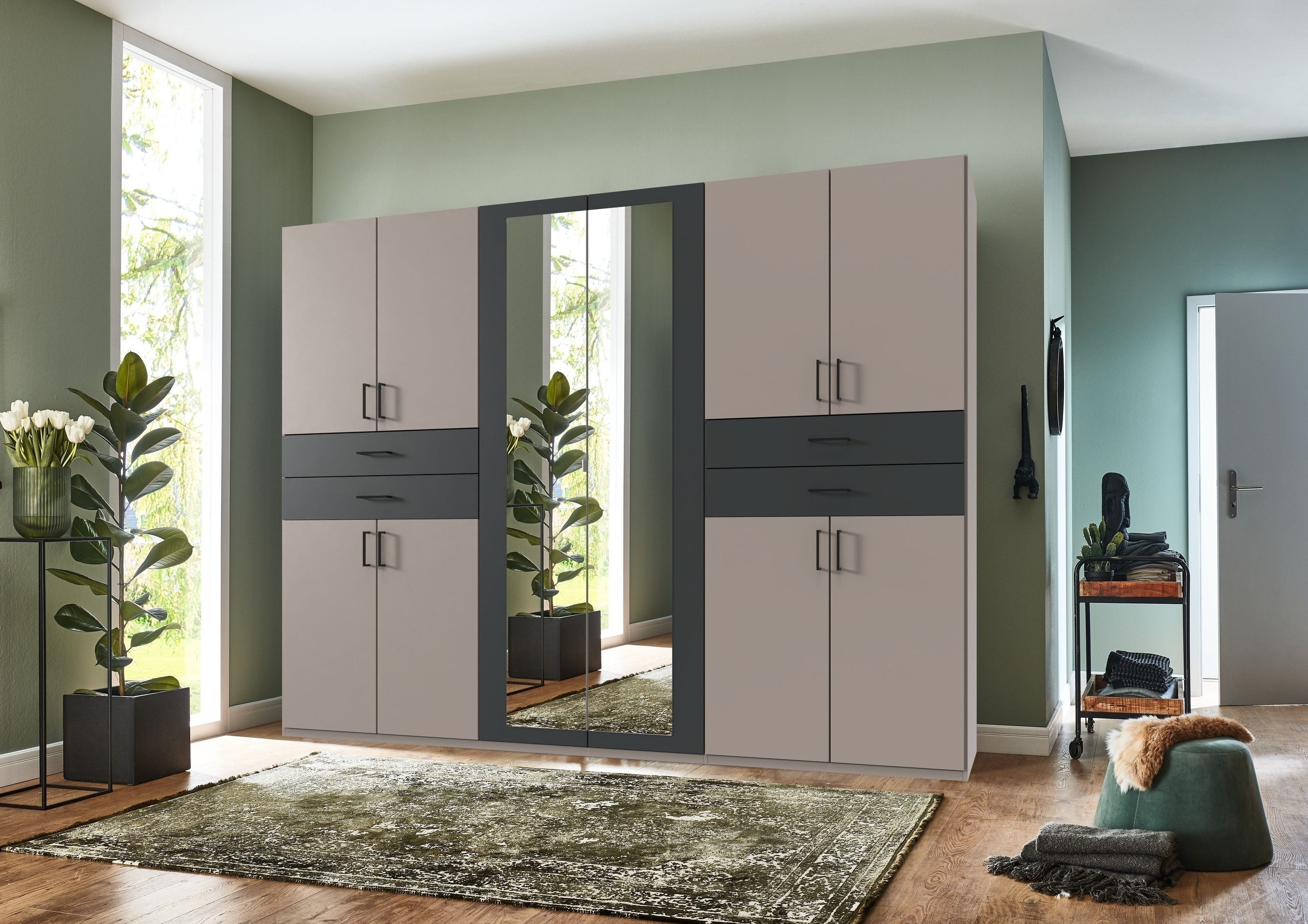 freiraum Drehtürenschrank Taiga 4 Schübe, 10 Türen, Spiegel, Saharagrau / Graphit - 270x208x58cm BxHxT