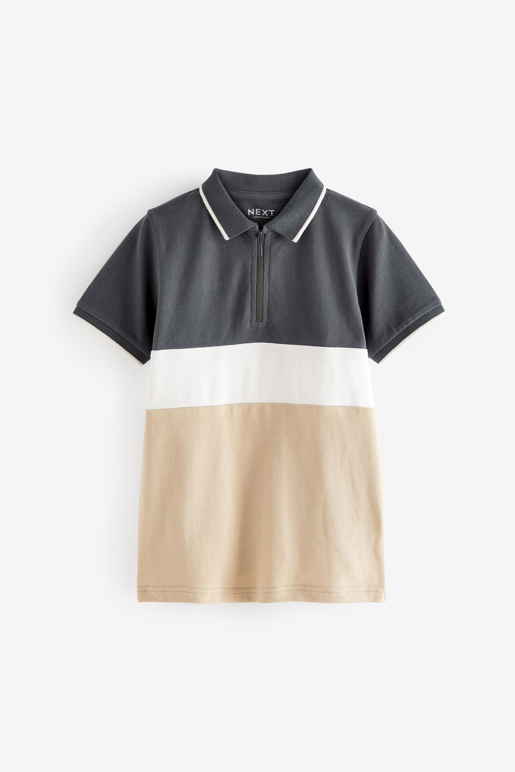Next Poloshirt Kurzärmeliges Polohemd mit Reißverschluss (1-tlg) Tan Brown/Charcoal Grey
