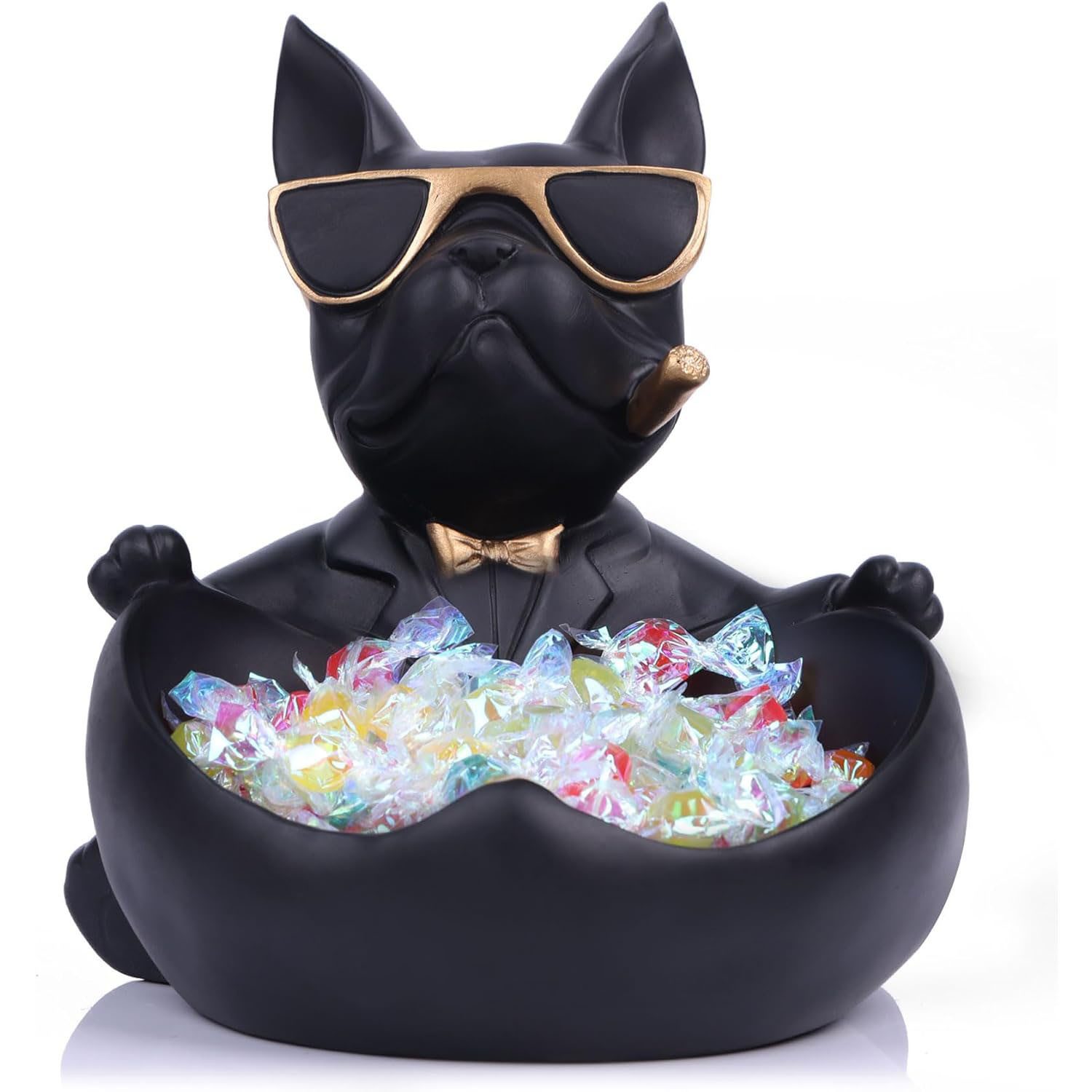 HEYHIPPO Tierfigur Französische Bulldogge Statue Eingangsschlüssel Herzförmiges Tablett (Kreative Büroornamente aus Harz, geeignet als Geschenk und Dekoration), Herzförmige multifunktionale Aufbewahrungsbox, L19,5 × B21,8 × H21 cm