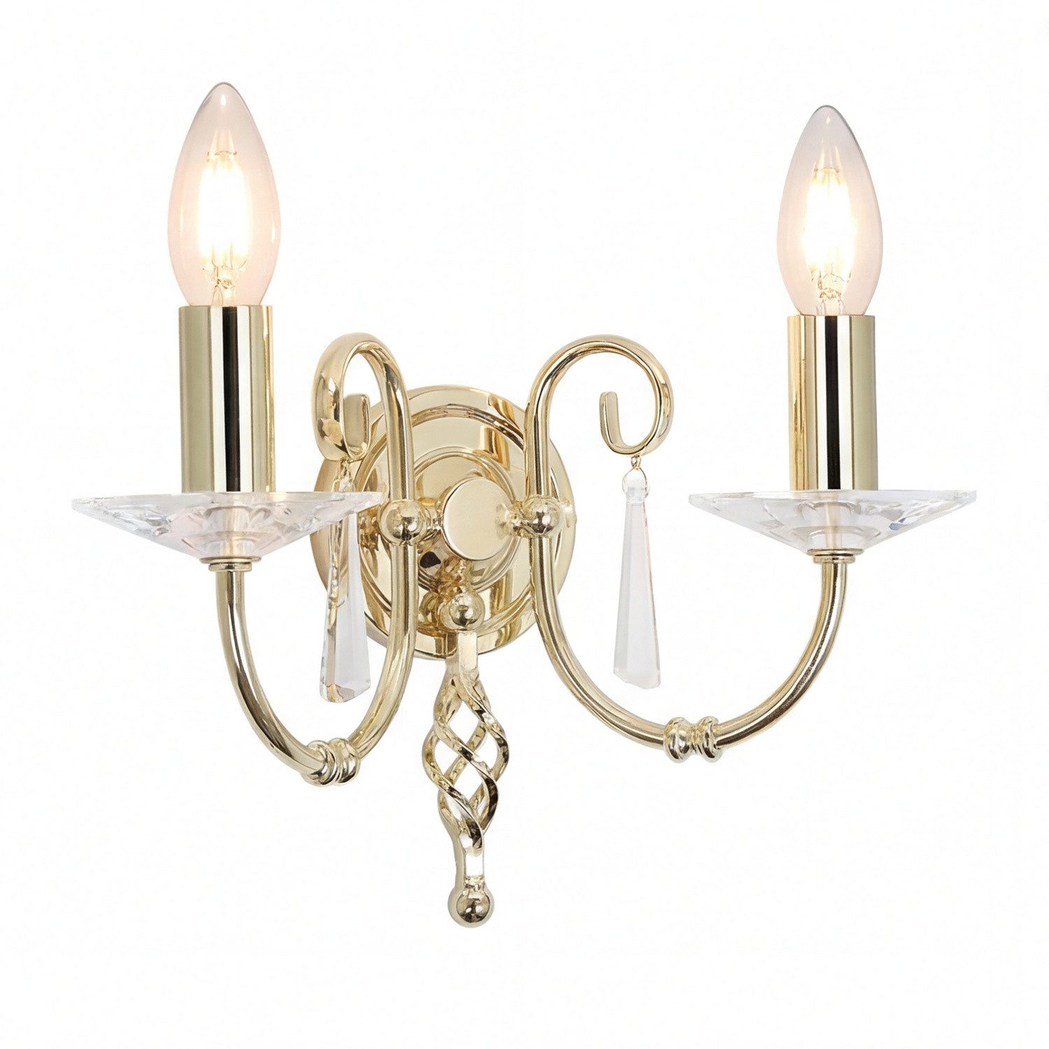 Licht-Erlebnisse Wandleuchte CANDELA, ohne Leuchtmittel, Messing poliert Kristall Glas Metall 2x E14 H:22 cm Klassisch Premium