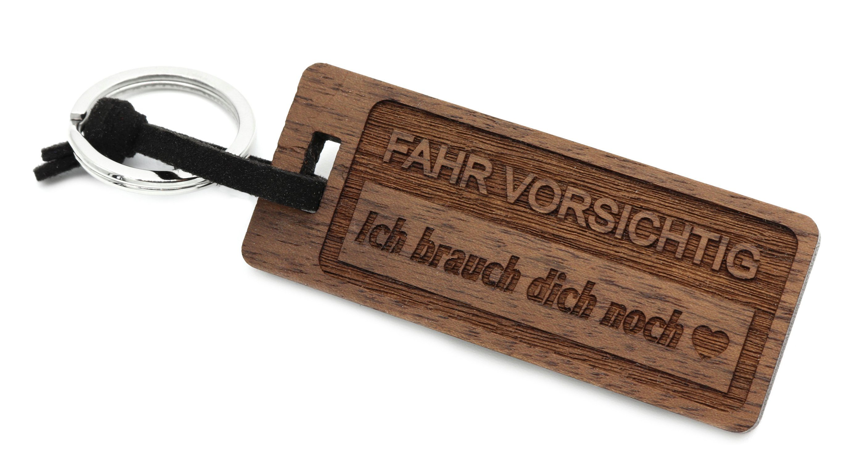 NaturSchatulle Schlüsselanhänger mit Gravur Fahr Vorsichtig (aus Nussbaum Holz, Edelstahl Schlüsselring), Schlüsselbund Geschenkidee